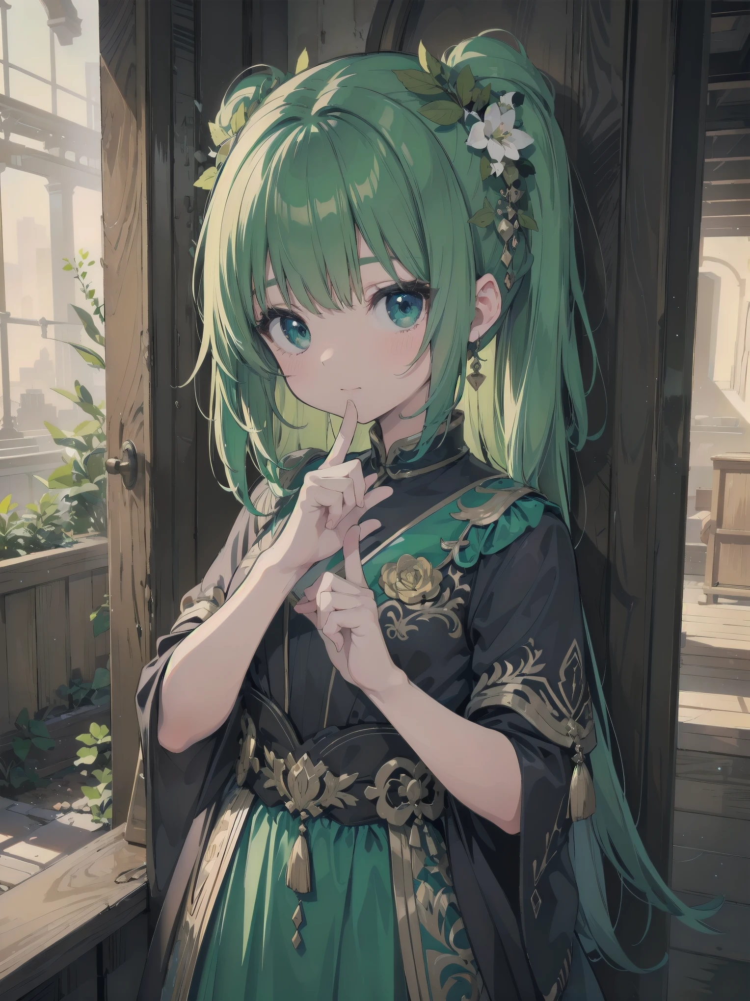 Inside unimaginable ancient ruins、In a corner where a mysterious light shines in、A neat and beautiful girl is standing。her perfect face、It is further highlighted by the artistic shading effect.。Her costume is drawn with realistic materials and textures.、in harmony with ancient ornaments、Carefully expressed down to the smallest detail。The girl is、He is staring at me with a sly gesture.、That moment is as dynamic as a scene from a movie.。This illustration、The design brings out the cuteness of the main heroine to the fullest.、High quality and extremely detailed。