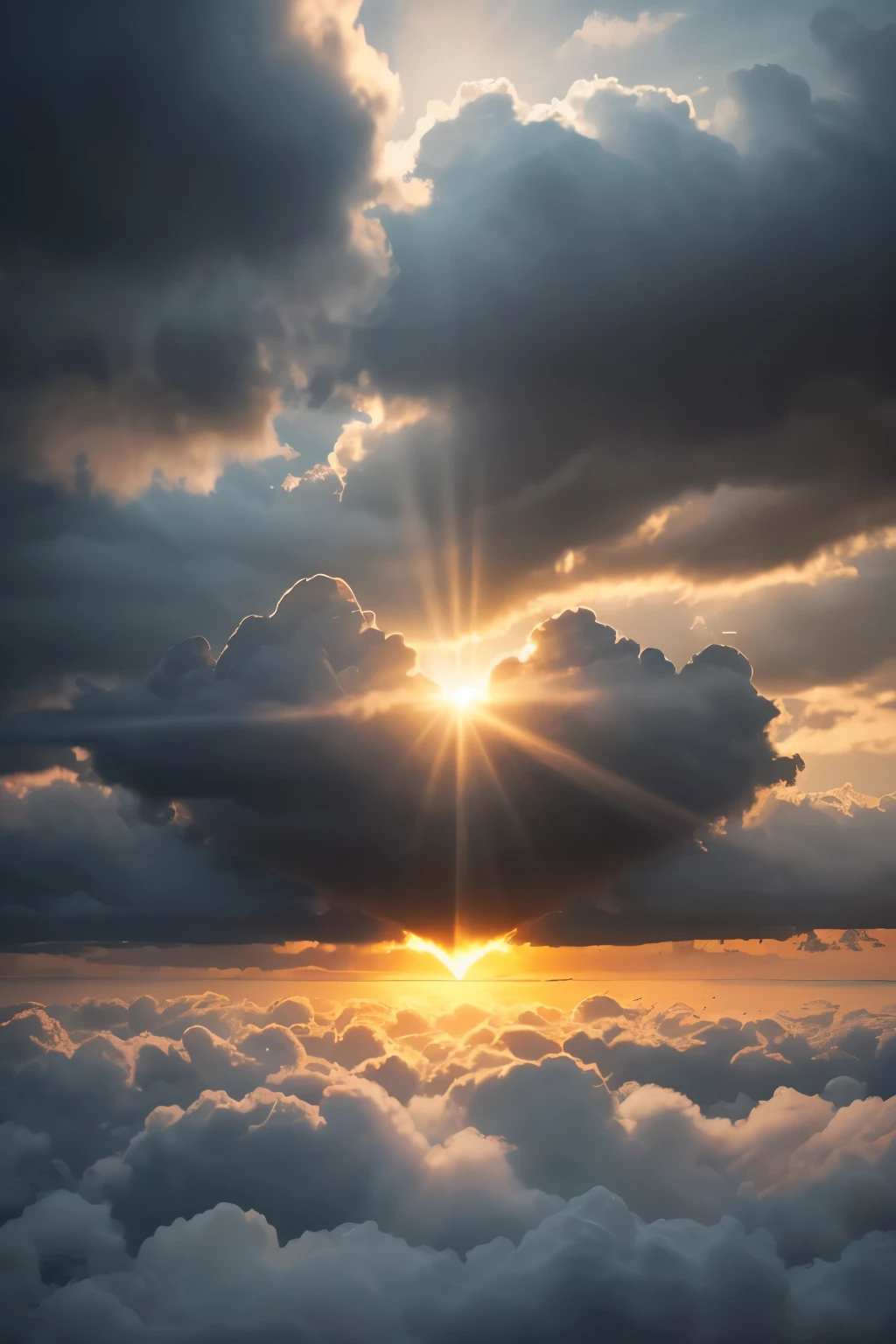 Depict a scene of a heart, shrouded in dark clouds, symbolizing despair and sadness. Yet, piercing through the gloom, a single ray of sunlight graces the heart, representing hope and the possibility of change. This image is best conveyed in a raw, realistic manner.
((Scene)) ((Depict)) ((Heart, clouded)) ((Dark clouds)) ((Hope, change)) ((Ray of sunlight))
A moody and emotional portrait, the heart is depicted in intimate detail, its edges softened by the encroaching clouds. The dark hues of the clouds are contrasted by the golden beams of sunlight, illuminating the heart's surface.