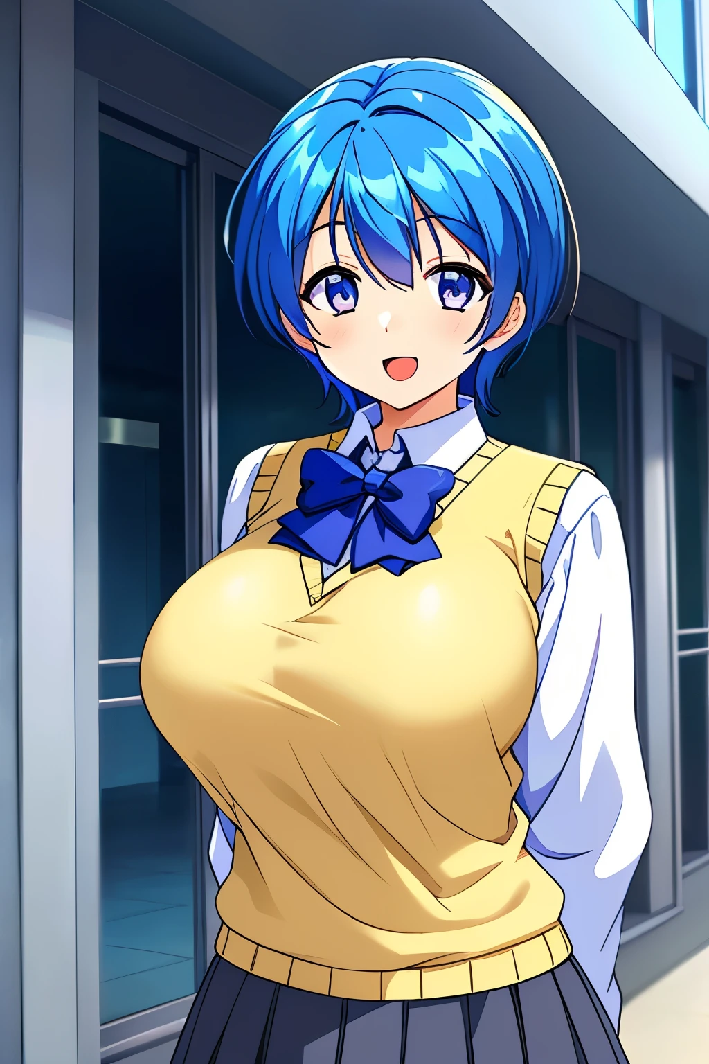 HiroseMariko, 1girl, solo, blue hair, short hair, (gigantic breasts:1), purple eyes, smile,blue eyes,(sweater vest, school uniform, bow long sleeves, gray_skirt), cowboy Shot, blush,masterpiece, high quality, very_high_resolution, large_filesize, full color,open mouth,looking at viewer, upper body,