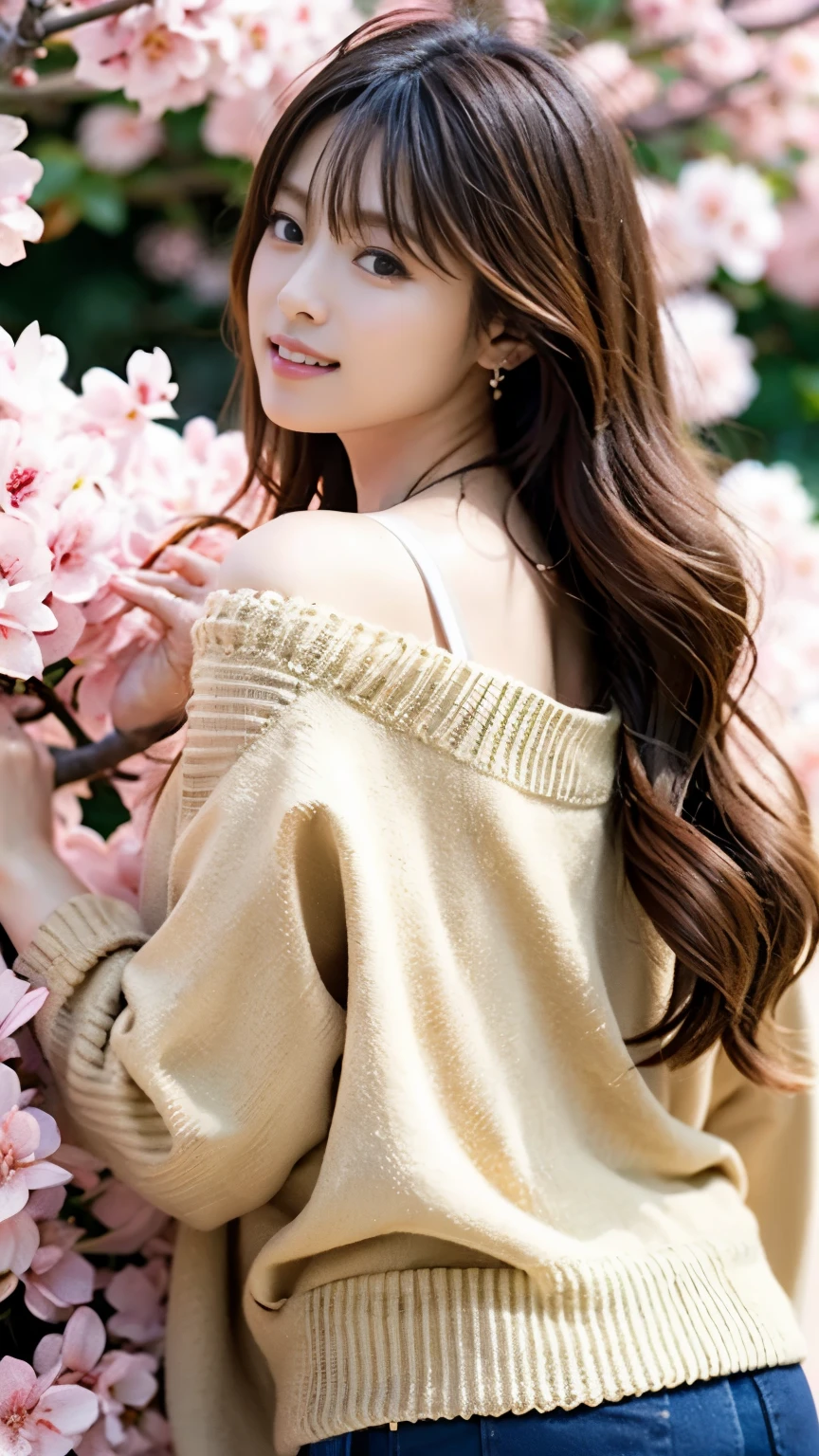 Flawless解剖学,Image of a beautiful girl who came to see cherry blossoms in full bloom,nice earrings and necklace,Rear angle photo ,She wears a long-sleeved blouse, a cardigan, and a long plaid skirt.,standing with hands behind the cherry blossom tree,realistic,Flawless,best image quality,professional angle of view,excellent details,ultra high resolution,realistic:1.4),high detail,focus on details,High concentration of 1girls,long hair of beautiful chestnut color,,Beautiful face with a delicate and high nose,Long limbs and slim waist like a model,White sneakers look great on your beautiful ankles,white skin is dazzling,