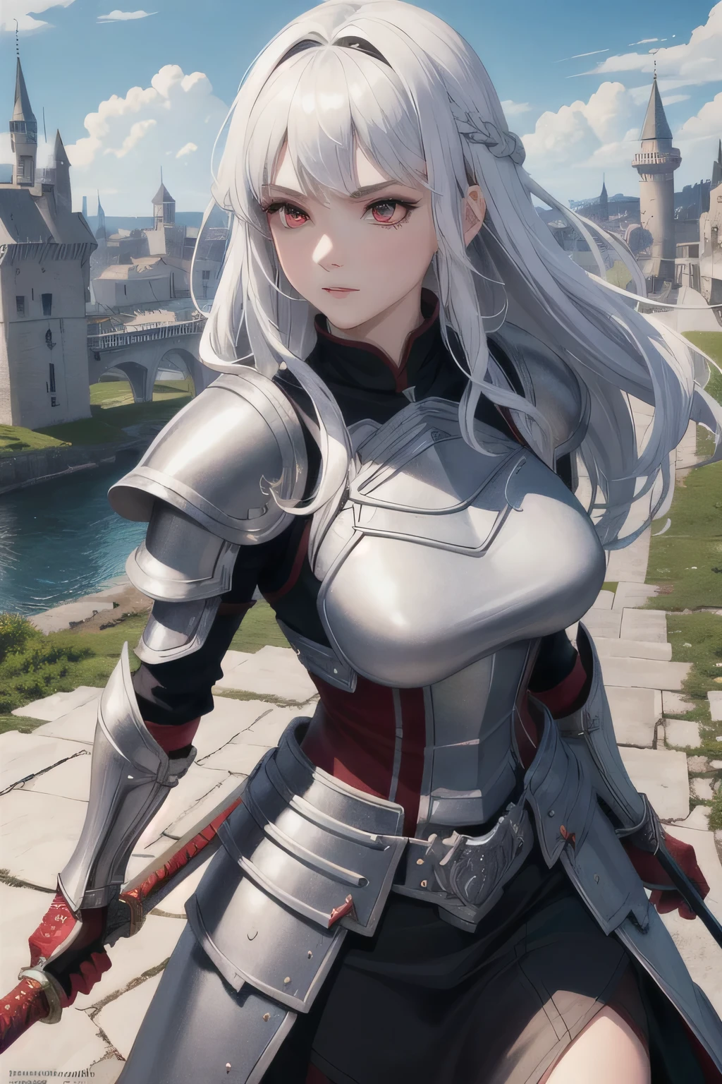 highres, ultra detailed, ultra detailed scenery, extremly detailed, ultra detailed face, ulta detailed eyes, masterpiece, top quality, 1girl with armor, red eyes, white hair, holding 1 sword, castle background