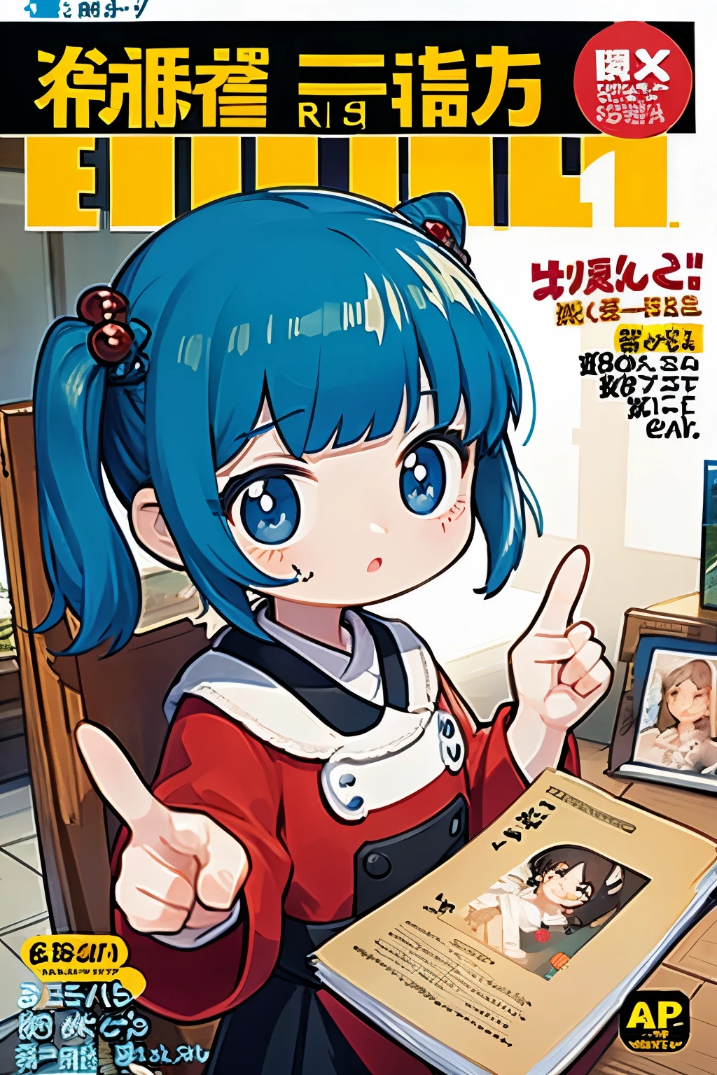 Photoreal、A  was surprised to see her photo on the cover of a magazine.、pointing to his photo on the cover