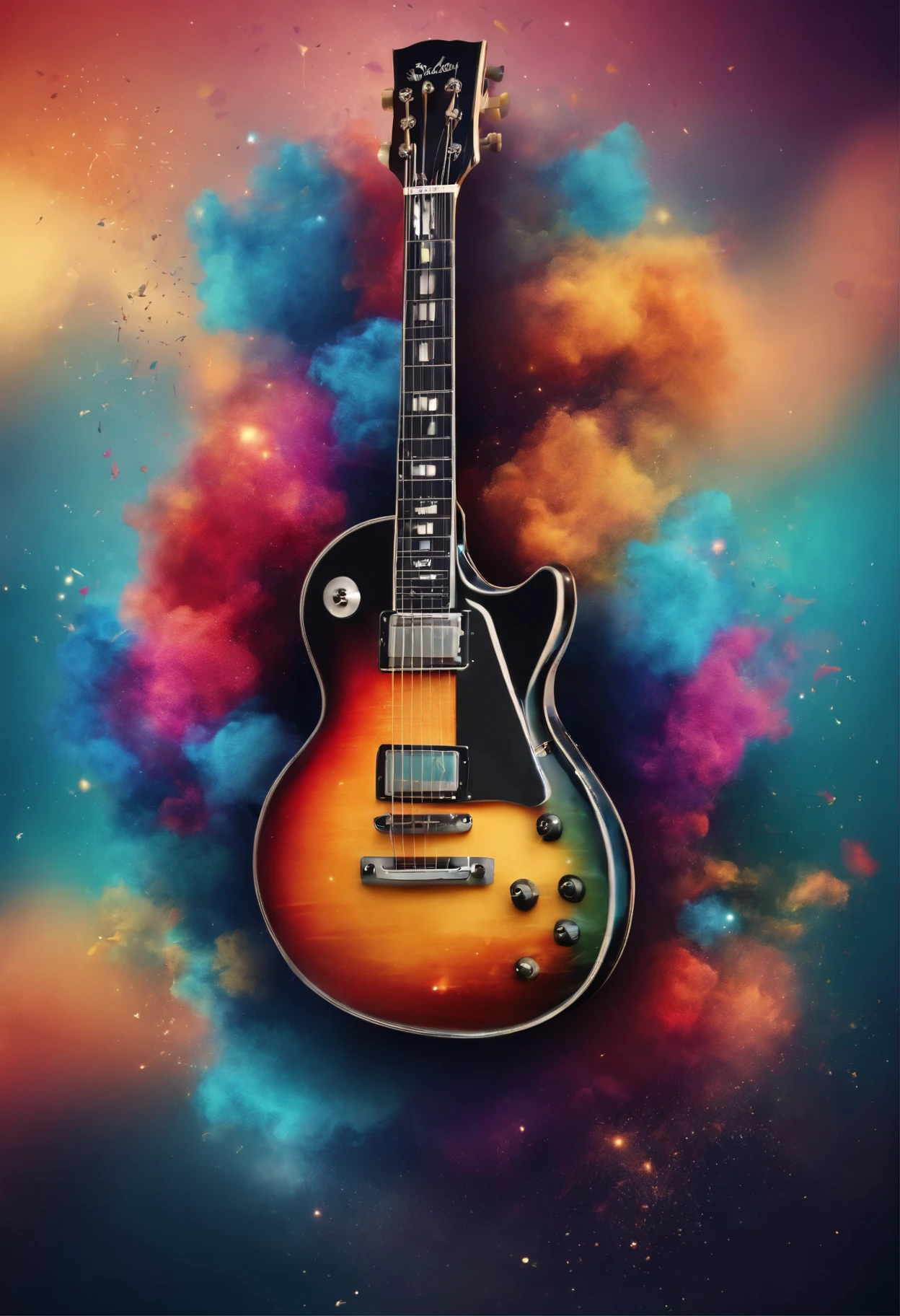 animificación,Guitar in cloud colorful dust. World music day banner with musician and musical instrument on abstract colorful dust background. Music event, Expression, symphony, colorful design