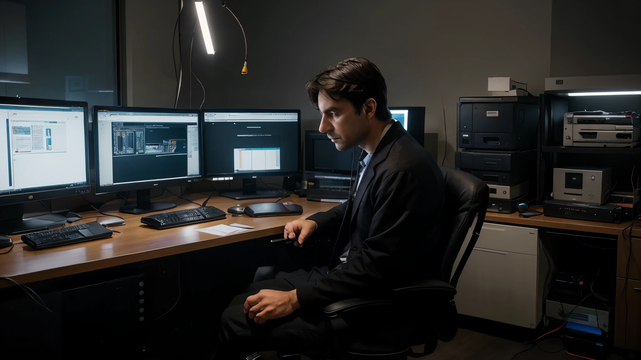 An adult, dark-haired man is seated in a comfortable chair, deeply engrossed in his work as a systems analyst. He is surrounded by multiple computers arranged on a spacious desk in front of him. The glow from the monitor subtly illuminates his concentrated face as he scrutinizes lines of code or analyzes complex data. His expression is serious yet determined, reflecting the depth of his involvement with the systems he's analyzing. The surrounding environment is modern and orderly, with cables and wires carefully organized. The scene conveys the idea of professionalism, technical skill, and unwavering focus on solving complex computer system problems.
