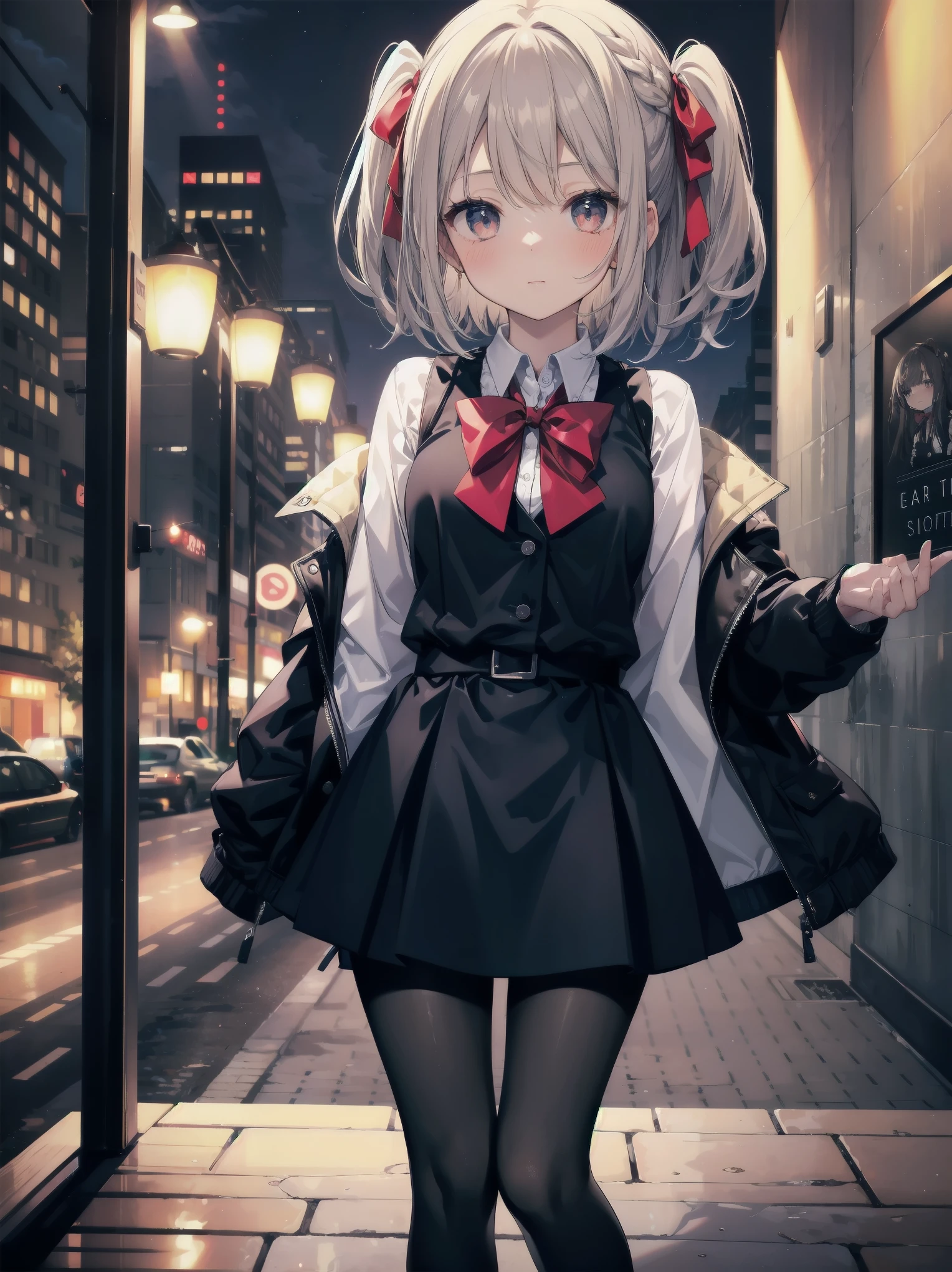masterpiece, highest quality, High resolution, super detailed, 1 girl、solo、bog cut、braid、colorful hair,one side up,parted bangs hair ribbon,Jacket,black Jacket,open Jacket,red bow tie,vest,brown vest,shirt,white shirt,short sleeve,shorter than long sleeve,skirt,black skirt,pantyhose,brown 黒色のpantyhose,Argyle Legwear,indoor,blush,(embarrassing:1.2),(night:1.4),cute、Super cute