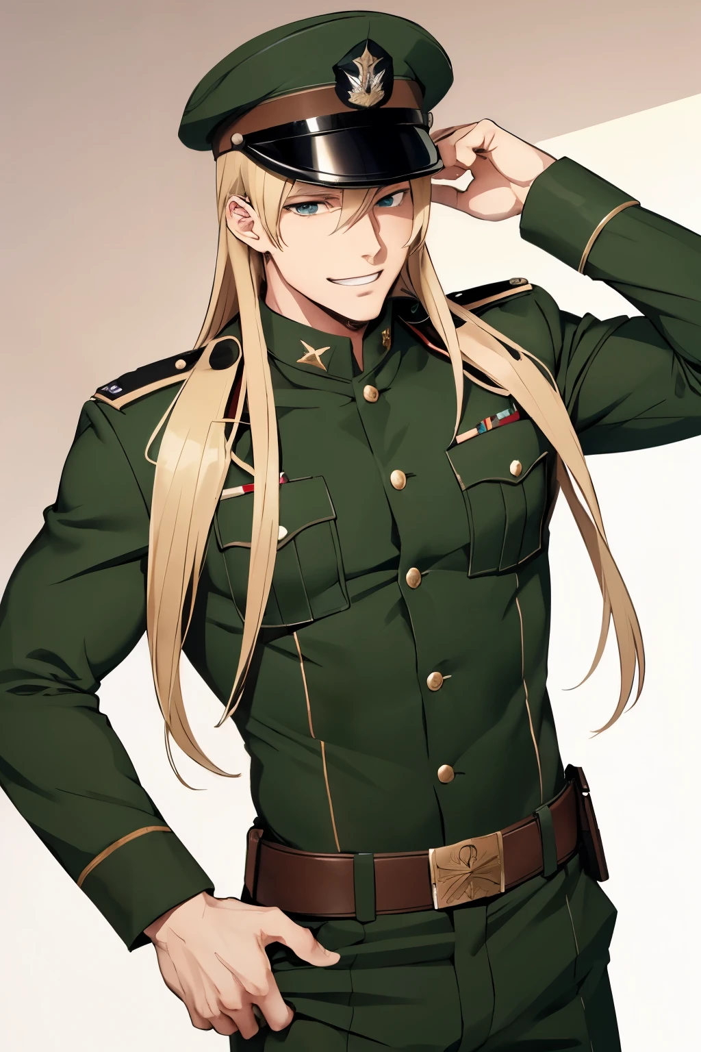 1man, militar cap, nsfw, 1 boy, sexy man, bishounen, male focus, nsfw, large breast, sexy pose, sexy pose, handsome, long hair, Blond hair, seductive smile, Green eyes, nsfw clothes, ultra detailed