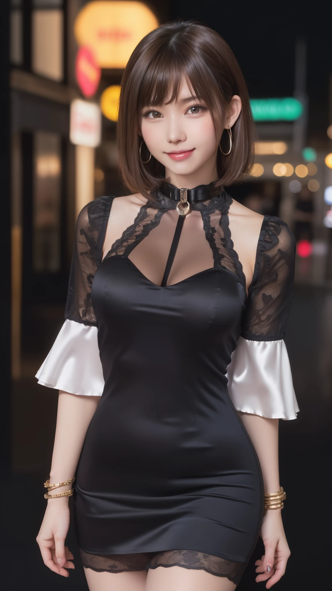 8k, table top, RAW photo, highest quality, realistic, Highly detailed CG Unity 8k wallpaper, written boundary depth, cinematic light, Lens flare, ray tracing, (very beautiful face, beautiful lips, beautiful eyes), face with intricate details, ((super dense skin)) 1 girl, in the dark, deep shadow, cute korean girl, Flashy makeup with red eyeshadow,her shortcut, Delicate light brown hair is slightly disheveled with side waves.,wearing large ring earrings,K-POPアイドル, 1 girl, (very slim and slender fit muscular body:1.3), ((looking at the viewer)),(big smile:1.3), (magenta and black blouse), (sleeve fashion city night, dark night, (neon sign), (blurred background), fashion street night),(no people in the background:1.3), beautiful earrings, bracelet, necklace, pantyhose, clear eyes, walk, (white skin), (big eye ace forward, ((upper body shot)), ((silk collar dress:1.3)),(brown hair),((tight fit lace dress)), (See through), (looking at the viewer:1.3) open chest, very slim, medium breasts, backtracking,((buckshot)), See through, Middle butt, mini skirt:1.5,up hair, From above:1.u can see the lines of the full back pants:1.4,