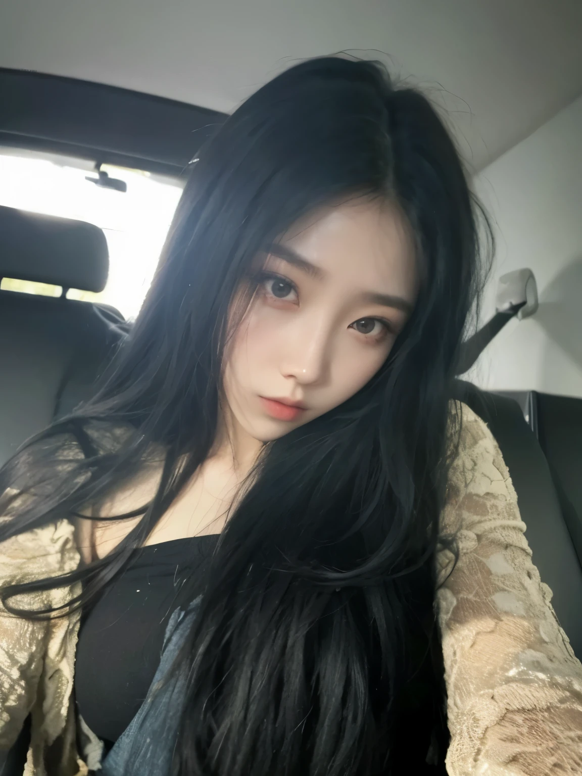 um close de uma mulher com longos cabelos pretos em um carro, coreana, 22 anos de idade, 18 anos de idade, 21 anos de idade, 27 anos de idade, 28 anos de idade, cruel korean goth girl, 23 anos, mulher coreana, Jaeyeon Nam, 1 6 anos, Jinyoung Shin, Gongbi, 1 8 are