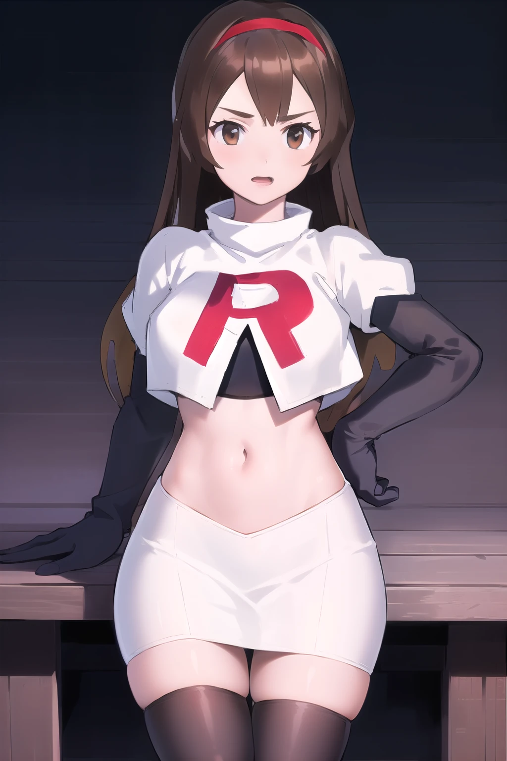 masterpiece, best quality, portrait, 1girl, long hair, brown hair, brown eyes ,team rocket,team rocket uniform, red letter R, white skirt,white crop top,black thigh-highs, black elbow gloves,