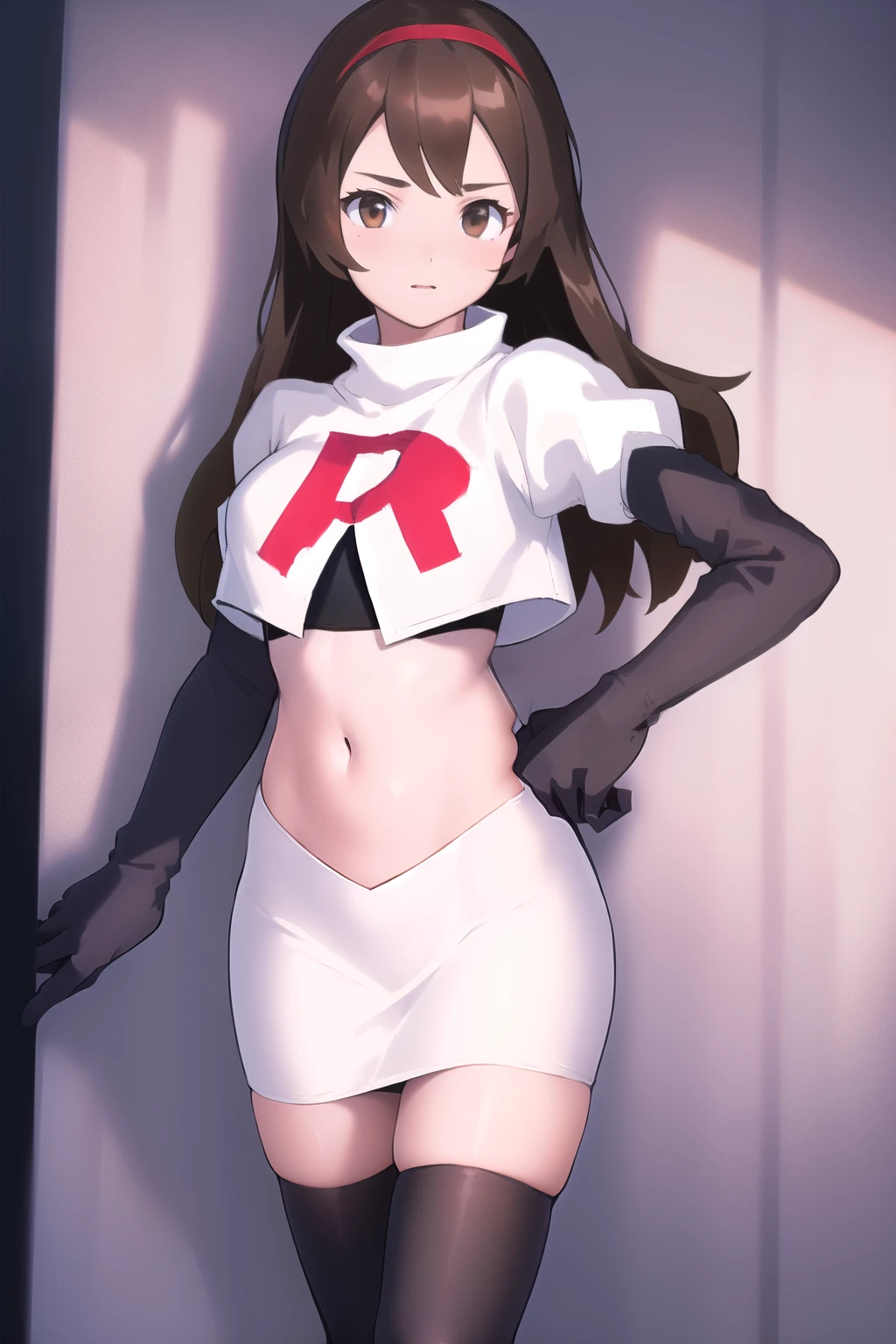 masterpiece, best quality, portrait, 1girl, long hair, brown hair, brown eyes ,team rocket,team rocket uniform, red letter R, white skirt,white crop top,black thigh-highs, black elbow gloves,