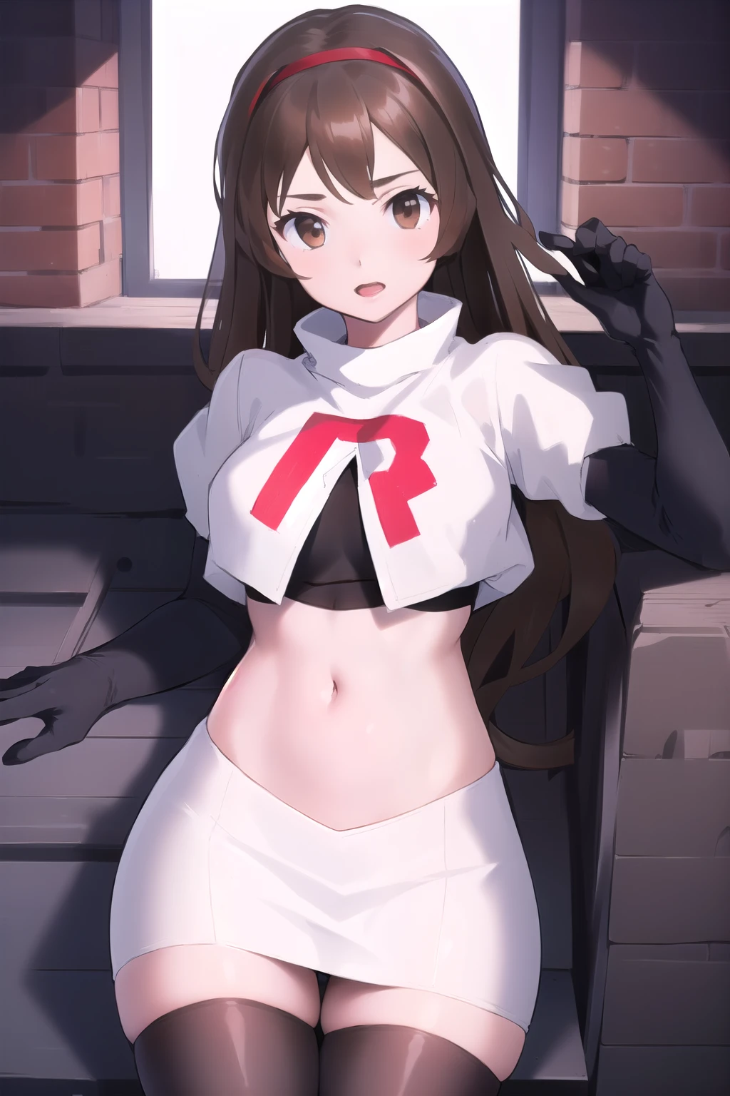 masterpiece, best quality, portrait, 1girl,  long hair, brown hair, brown eyes ,team rocket,team rocket uniform, red letter R, white skirt,white crop top,black thigh-highs, black elbow gloves,