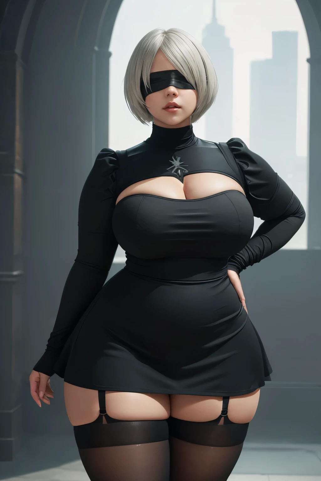 ((Masterpiece)), ((perfect quality)), ((UHD)), ((best quality)), ((photorealistic)), ((high quality)), ((detailed)), yorha 2b, white short hair, full body photo, beautiful, very beautiful face, perfect face, figure: (very chubby, (wide waist), very full body, (very curvy), very thick, (very chubby belly bottom), (big deep navel), fat rolls, belly rolls, curvy, sexy, thunder thighs), clothes :(tight black short dress, blindfold, black tights)