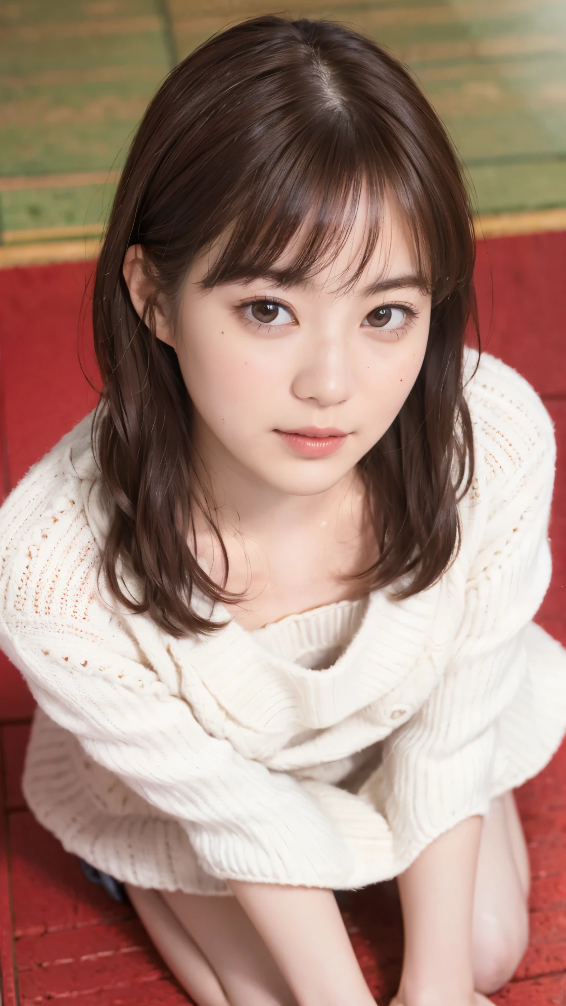 ((Best quality, 8k, RAW photo, Masterpiece :1.3)), (realistic、Photoreal:1.37)、Super detailed、super high resolution, (professional lighting), alone, 1 woman, solo, (30 years old), japanese, beautiful and detailed face, shining eyes, brown eyes, (scrawny:weight1.0) , Fine and beautiful skin, skin texture,A woman sits in front of me with her knees on the floor、look up at the camera、Reaching out and grabbing the camera、His mouth is open and he has an embarrassed expression on his face.、 japanese house、tatami,Japanese style room, sun light, (nsfw,kneeling:1.3, reaching:1.3, open mouth:1.3, bashful), (Hairstyle: midium hair, brown hair), (Outfit: vivid red v-neck sweater), (floor from above:1.5) a girl,solo