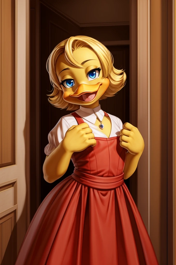 (by kyurisawa:1.2) (by chelodoy:1) (by ashraely:1) (anthro duck) (yellow hands:1.1) (Melissa Duck:1.2) (blond hair) (wavy hair) (60s hairstyles) (blue eyes) (narrowed eyes) (happy) (Red dress, clothing:1.2) (standing) (yellow skin) (solo:1.1) (orange beak)