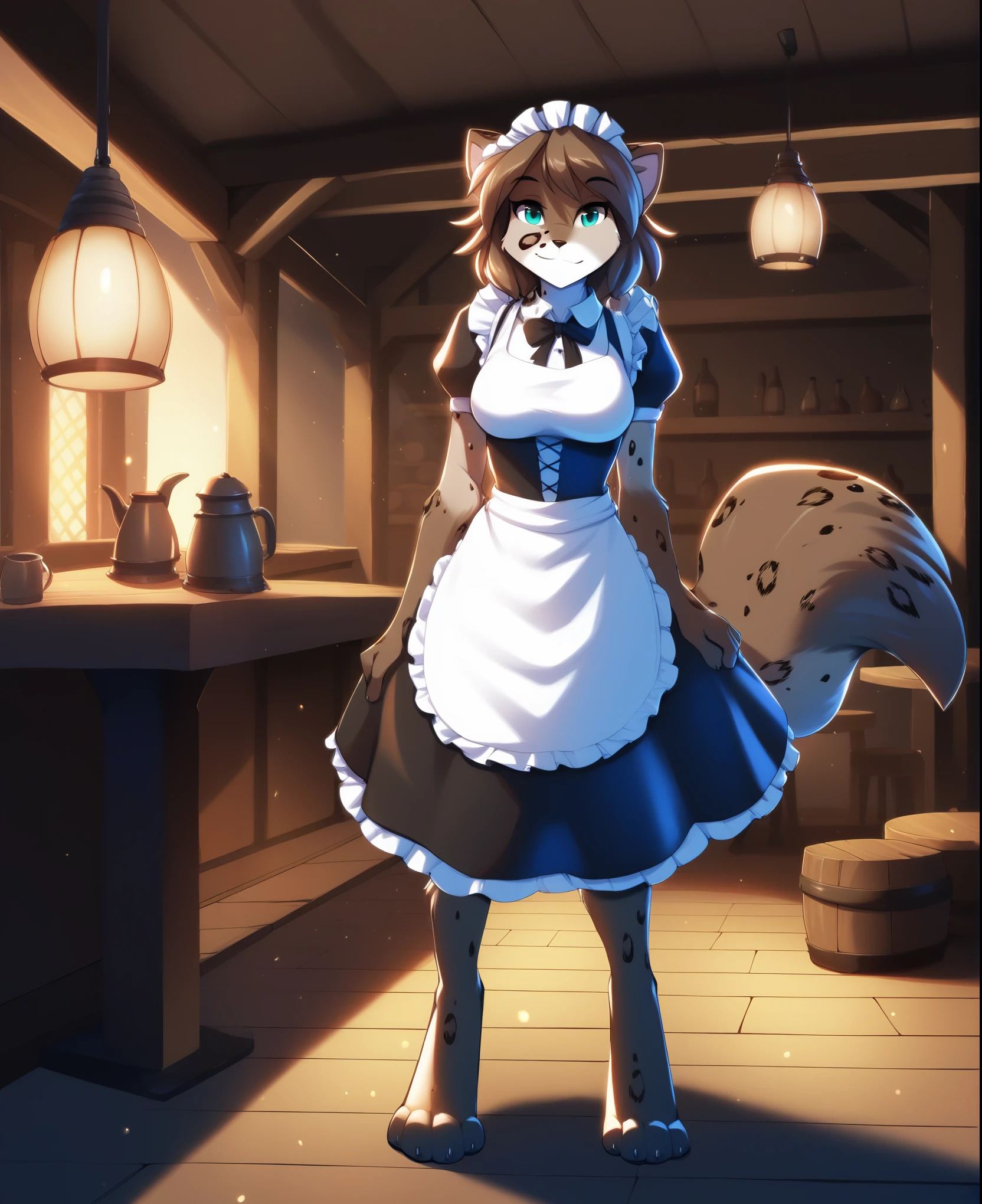 score_9, score_8_up, score_7_up, score_6_up, indoors, tavern, barstool, table, light particles, sunbeam, lantern BREAK kathrin vaughan, 1girl, smile, looking at viewer, full body, medium hair, maid, standing BREAK