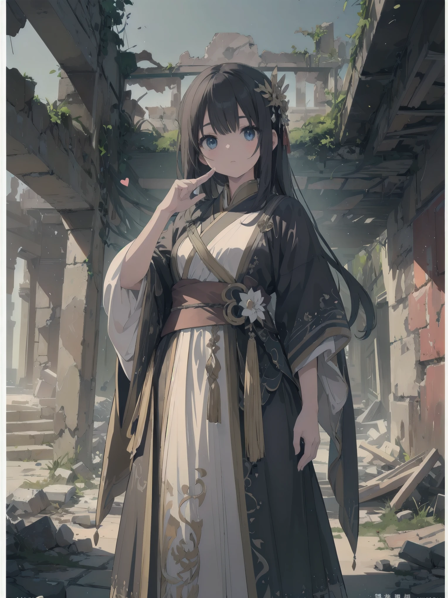 One girl、Standing against the backdrop of the majestic ruins of an ancient ruin。her costume is、A design that is neat yet gives you a sense of ancient mystery.、The realistic feel and texture of the material stands out.。her face is perfectly drawn、Capture the hearts of viewers with your clever gestures。The surrounding area is illuminated with artistic shading effects.、It makes her presence even more prominent.。This scene is、Combines cinematic dynamism and storytelling、A high-quality, super-detailed illustration that brings out the charm of the main heroine.