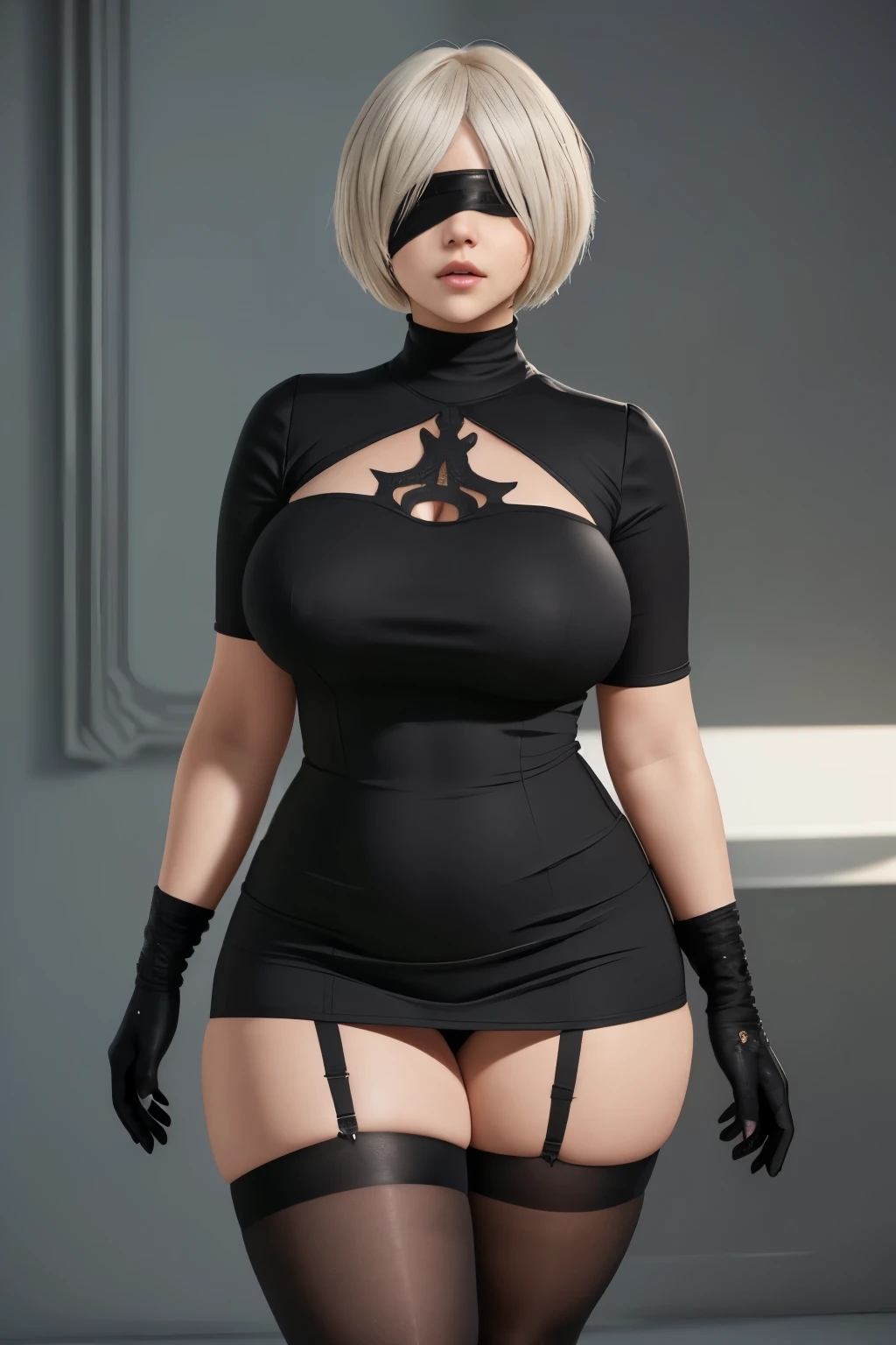 ((Masterpiece)), ((perfect quality)), ((UHD)), ((best quality)), ((photorealistic)), ((high quality)), ((detailed)), yorha 2b, white short hair, full body photo, beautiful, very beautiful face, perfect face, figure: (very chubby, (wide waist), very full body, (very curvy), very thick, (very chubby belly bottom), (big deep navel), (very curvy), sexy, thunder thighs), clothes :(tight black short dress, blindfold, black tights)