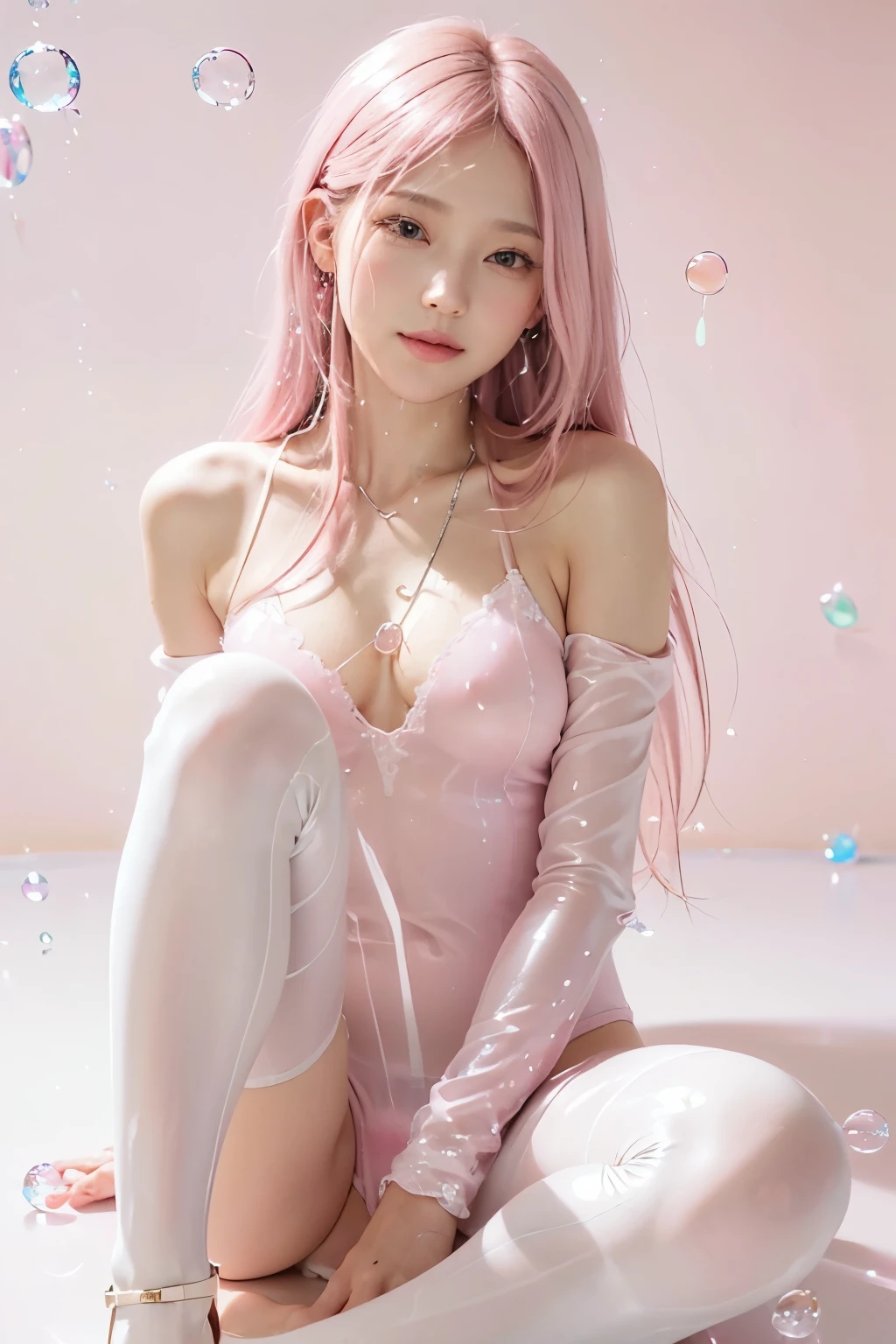 (8K, top-quality, masterpiece:1.2), (realistic, Photorealistic:1.37), Super Detail, One girl, (Highly detailed), (beautifully detailed eyes), (of the highest quality), (super detailed), (masterpiece), (Detailed face), 20yr old, 1 girl, (pink hair, long hair), medium breasts, clothed, Perfect Lighting, BREAK (pink long hair:1.6), (gentle smile:1.4), (relaxed pose:1.3), (knee-up:1.2), (soft natural light:1.7), (plain pastel pink background:1.5), (water droplets:1.8), BREAK, (modern, sophisticated style:1.2), (pink to white gradient:1.3), (silky smooth texture:1.4), (slim-fit glossy bodysuit:1.5), (delicate lace detail:1.3), (simple strap heels:1.2), (minimal silver pendant:1.2)