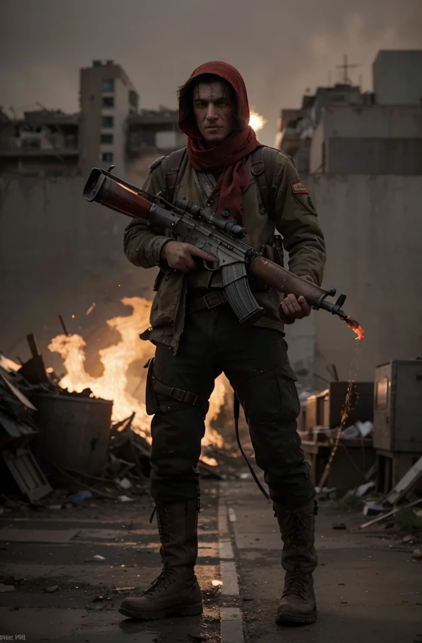 male soldier, European face, has a red cloth that covers his head, and a red scarf, wears torn and dirty clothes, military boots, holds a flamethrower with pipe, he is in a totally destroyed post apocalyptic city, full of smoke and fire, image in reddish tones, 4k, ultra detailed image, realistic, very detailed, perfect composition, splendid, intricately detailed, incredibly detailed, art photography 8k, hyper detailed, Masterpiece, ultra detailed, hyper realistic, 4k, ultra detailed image , realistic, highly detailed, perfect composition, splendid, intricately detailed, incredibly detailed, Artistic photography in 8k, hyper detailed