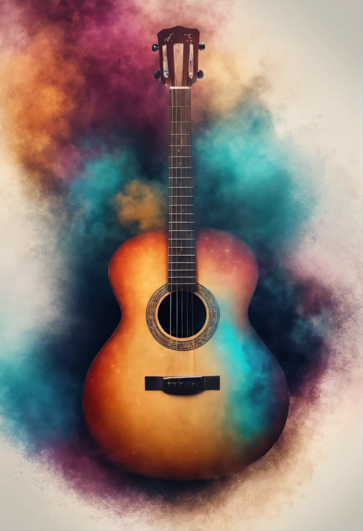 animificación,Guitar in cloud colorful dust. World music day banner with musician and musical instrument on abstract colorful dust background. Music event, Expression, symphony, colorful design