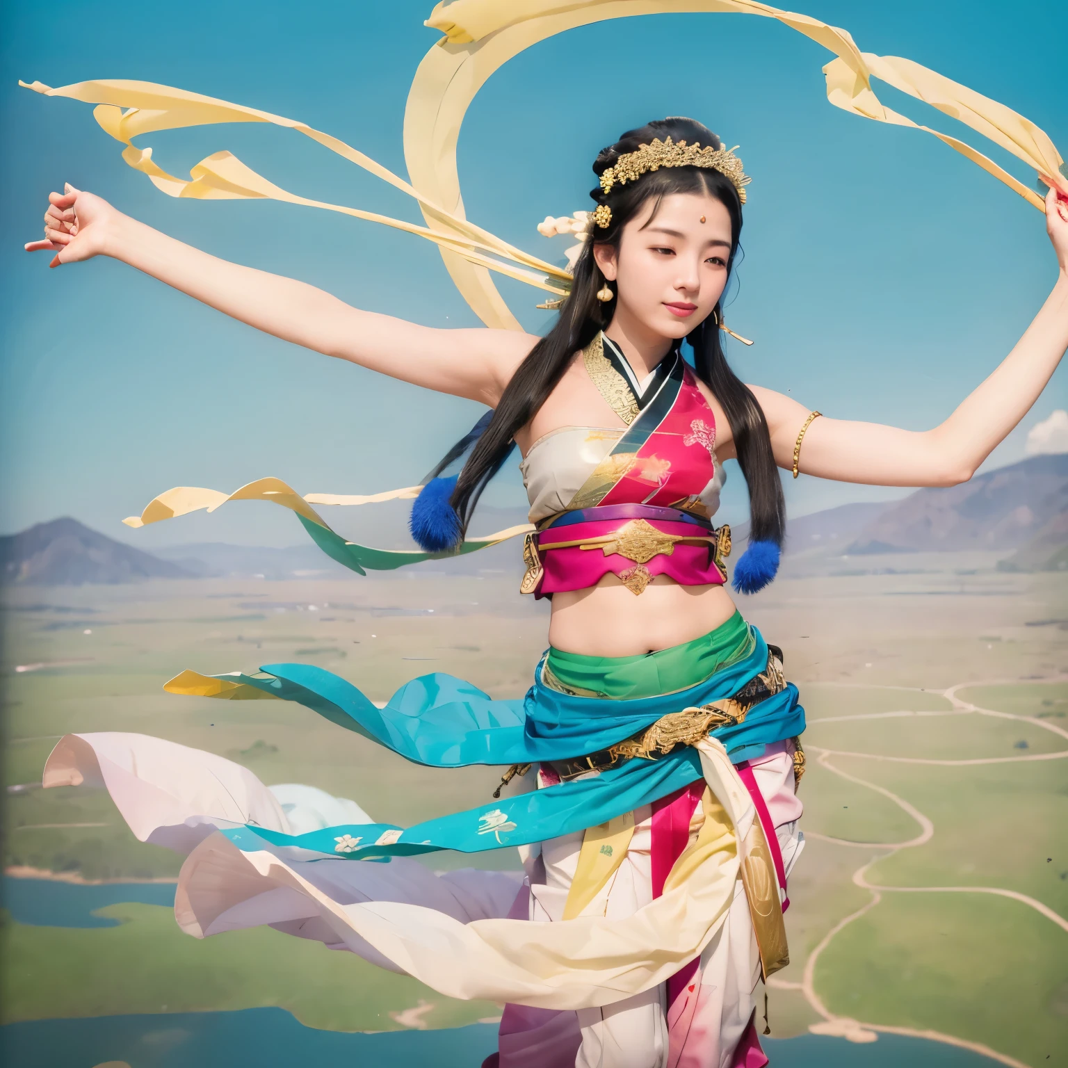 Goddess, flying, dance in the air, whistle in the air, acrobatic in the air, (((she wearing hagoromo)))