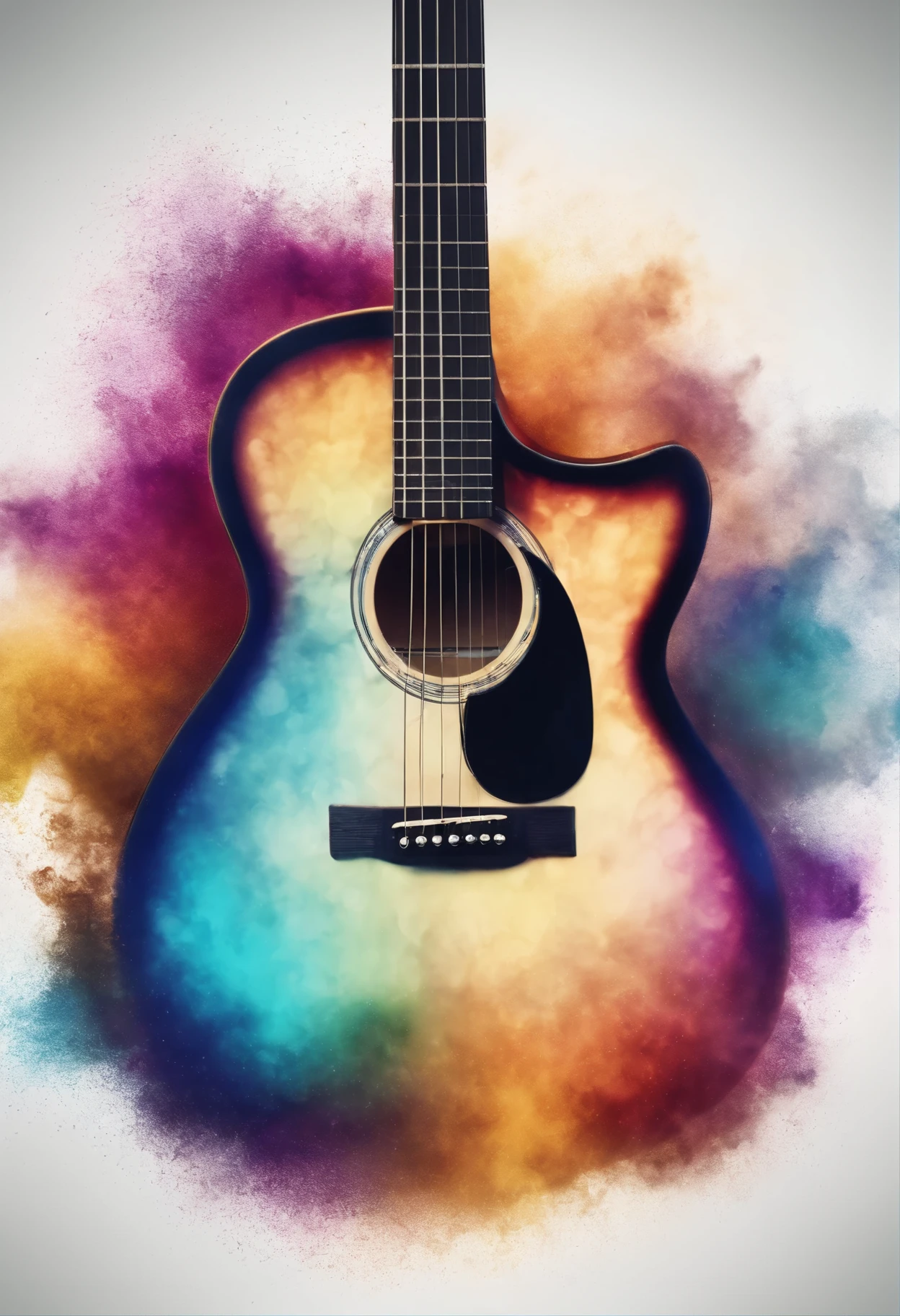 create an image of half a guitar, fullcolor, dripping ink that forms musical notes
