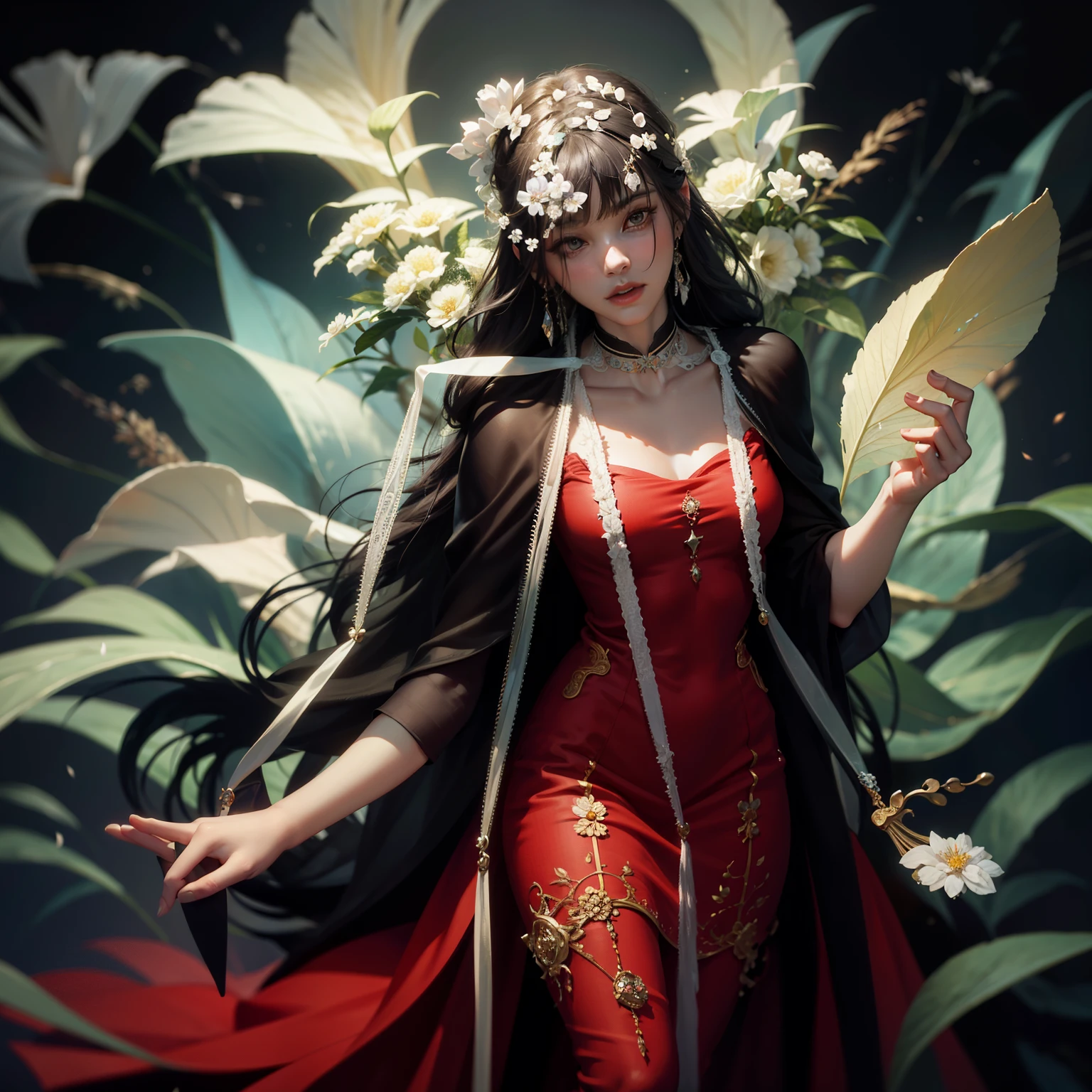 (8k,high resolution,masterpiece:1.2),actual,photo-actual:1.37,devil girl,red corner,Beautiful and delicate eyes,Beautiful and delicate lips,Extremely detailed eyes and face,long eyelashes,Sexy long black hair,fiery red eyes,Wearing a dark flowing robe,Floating in a misty forest under the moonlight,Red eyes penetrate the darkness,The soft and ethereal light illuminates her graceful figure,Subtle shadows dance around her,Red roses surrounded by thorny vines,A sinister yet fascinating presence.,Depicted with dark and dramatic chiaroscuro lighting,Create an unforgettable and charming atmosphere,A clever fusion of traditional oil painting and digital art,evoke a sense of mystery and,Perfectly capturing the duality of beauty and darkness in the enchantress,lace robe,bathrobe,Lace lingerie