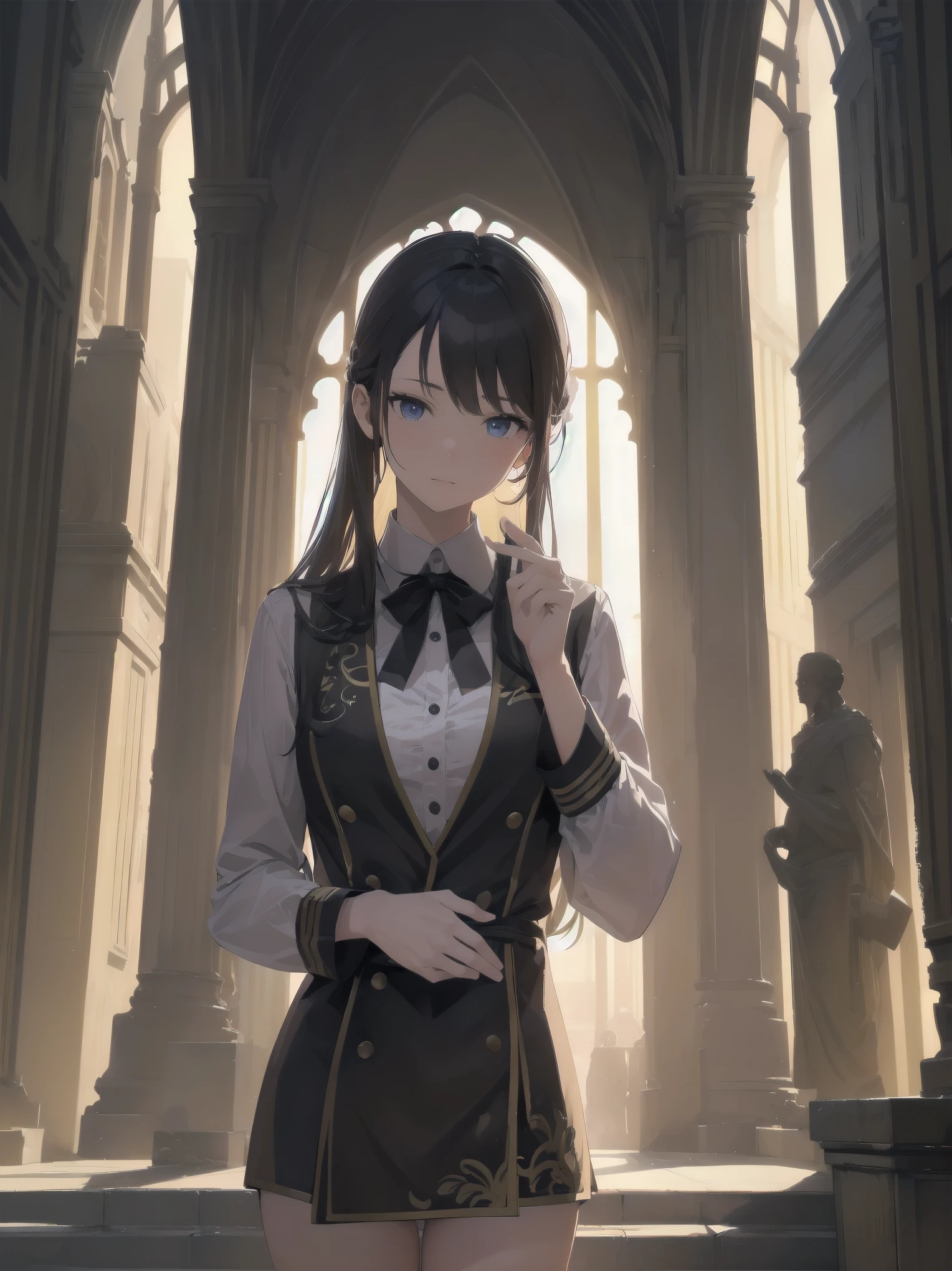 Inside the ancient ruins、In front of an altar illuminated by a mysterious power、One girl takes center stage。Her neat clothes and perfect features、With a clever gesture、Gives a feeling as if you have traveled back in time。Her appearance makes full use of realistic materials and textures.、Combining ancient mystery and modern beauty。This whole scene has、Artistic shading effect、There is a sense of dynamism reminiscent of the climax scene of a movie.。This high-quality, ultra-detailed illustration、Bring out the charm of the main heroine to the fullest