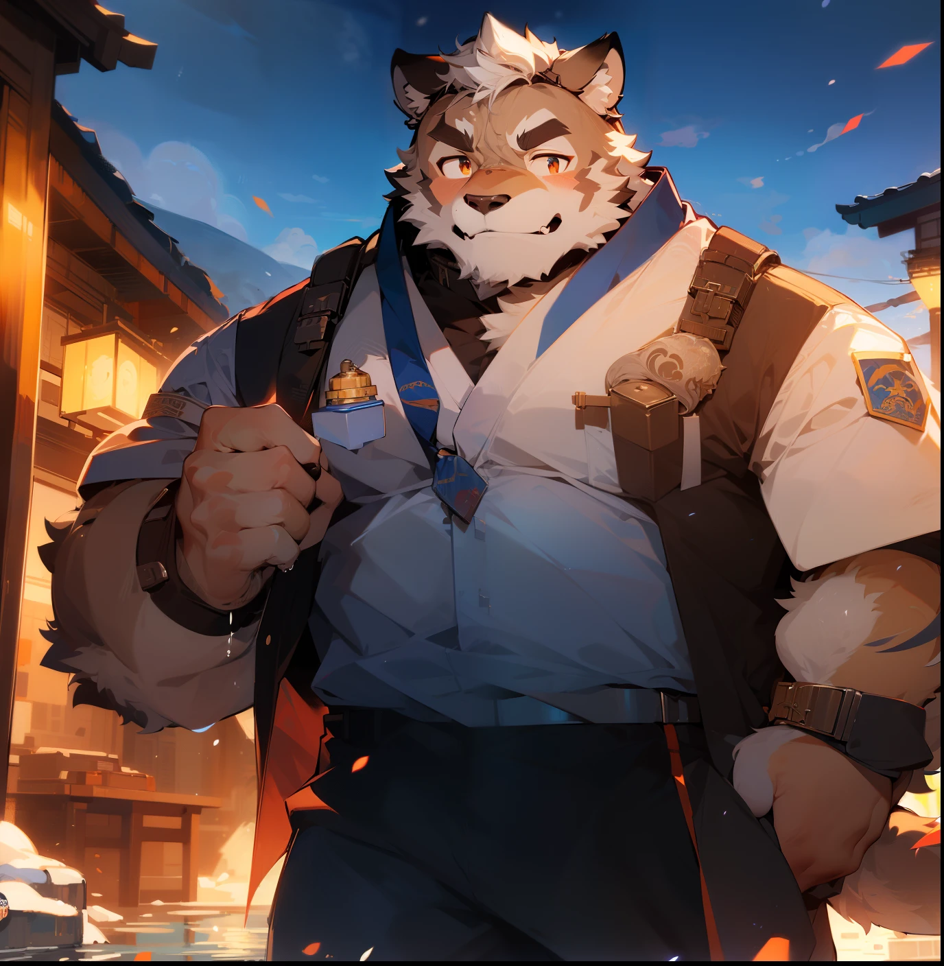 masterpiece,night,Anthropomorphic wolves,(((white hair))),male,26 years old,thick eyebrows,Light-colored fur,Strong body,Large pecs,(((Future mecha,special forces uniform,modern weapons,))),站在battlefield上,adjust hat,dark night,light,Legs sweat,Smile,Face turned red,looking towards the viewer,hand out water bottle,golden pupils,big eyes,Strong,By the hot spring,Full body image,The sky is clear,Xiangyun,battlefield,Broken viewing platform,战争侵略的battlefield,detailed background,(((Detailed character description))),