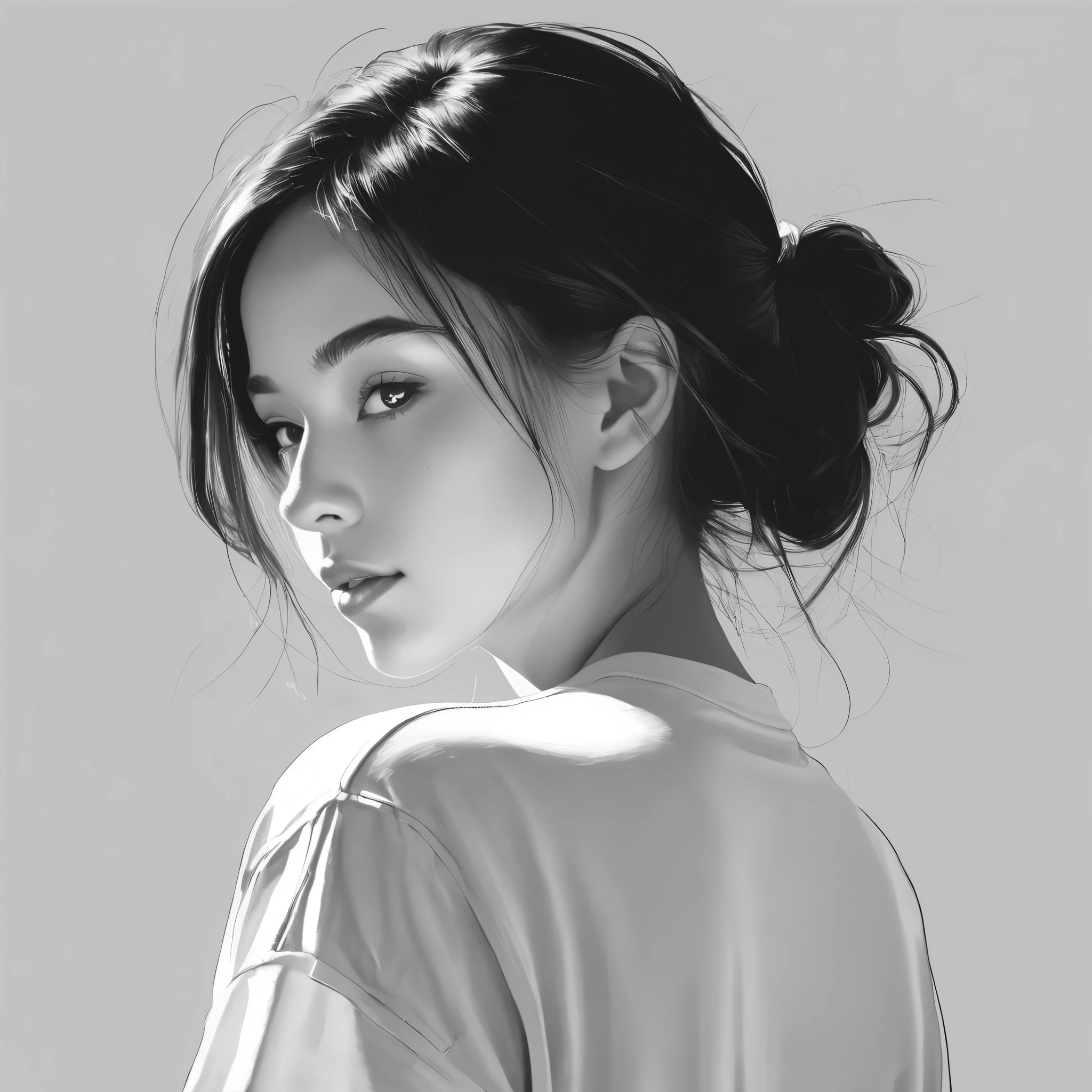 Minimalism,Portraits,(Black and white sketch painting),flat illustration,pencil drawing,Simple composition,1 girl,20 year old girl, There is light on the face, t-shirt