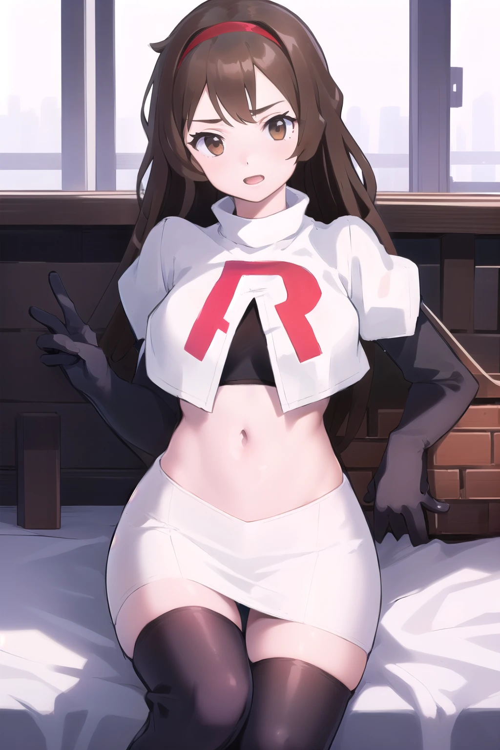 masterpiece, best quality, portrait, 1girl, long hair, brown hair, brown eyes ,team rocket,team rocket uniform, red letter R, white skirt,white crop top,black thigh-highs, black elbow gloves,