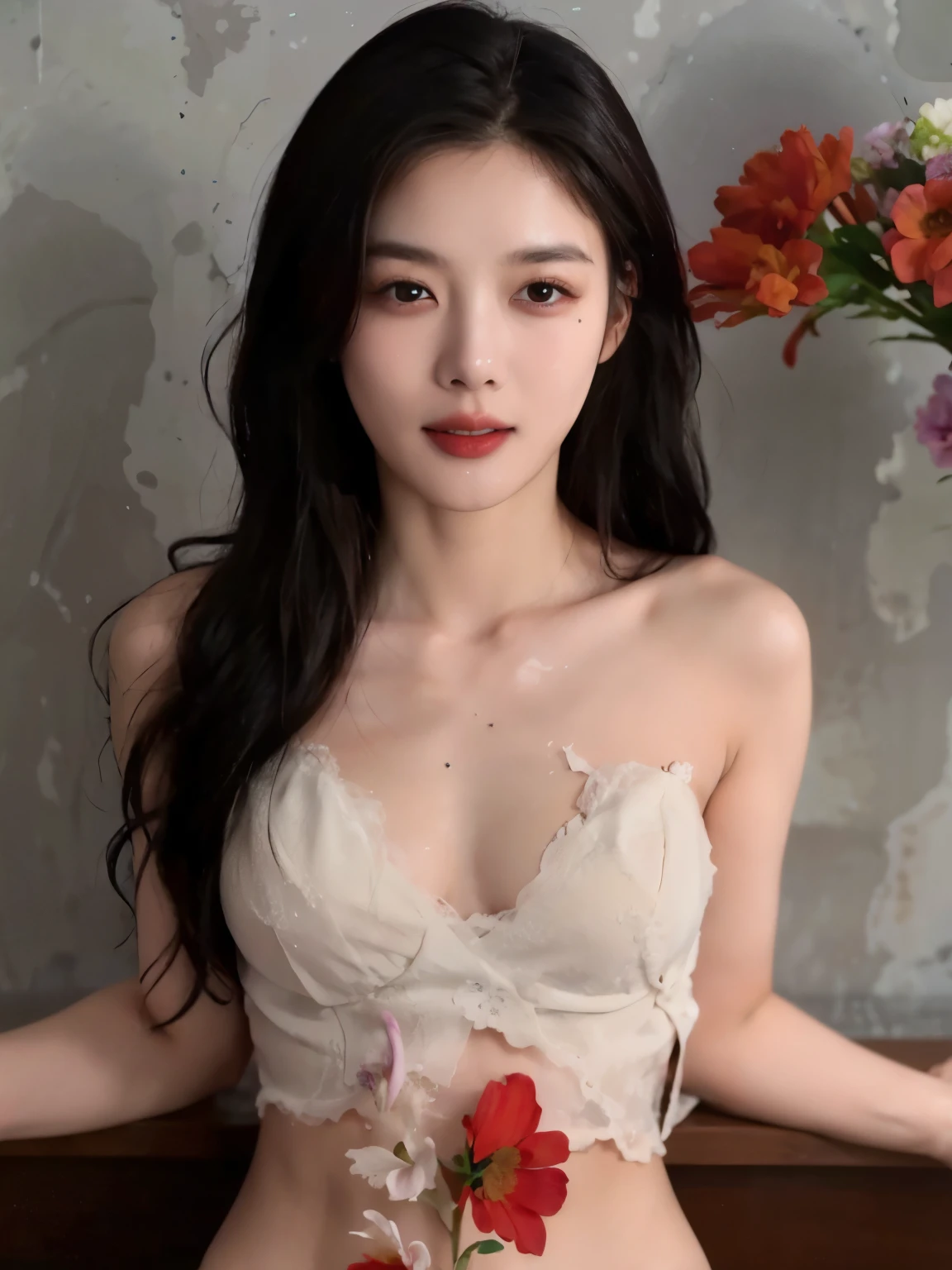 NFSW, Korean women have the most beautiful naked tops the world has ever seen., Don&#39;t wear a shirt that shows off your chest., angry face, Beautiful shoulders, collarbone, sexy belly, half body, Showing small breasts, flowers in hair, topless, Face stained with cum