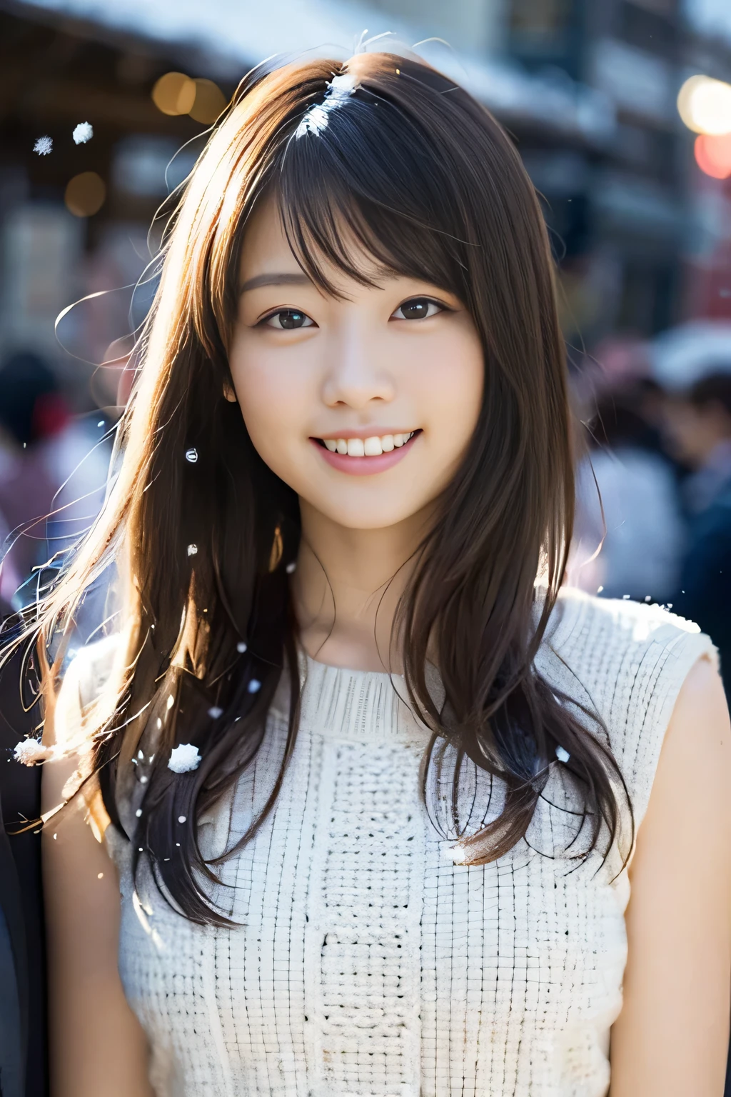 (8k、RAW photo、highest qualthaty、masterpiece:1.2)、(realistic、Photoreal:1.37)、Super detailed、超A high resolution、1 girl、see the beholder、beautiful and detailed face、laughter、narrow、(slim waist) :1.3)、Fine and beautiful skin、skin texture、floating hair、professional lighting、as a whole human body、long hair、blonde、high school girl、school zone、winter、snow scene、that&#39;It&#39;s snowing、that&#39;It&#39;s snowing、red ribbon hair、smile、Young Smile、no makeup

