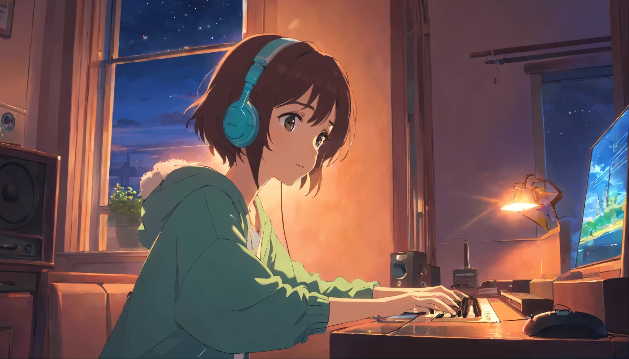 Girl listening to music in a cozy room at night, Usando fones de ouvido, Anime estilo 2D, Lo-fi, hd