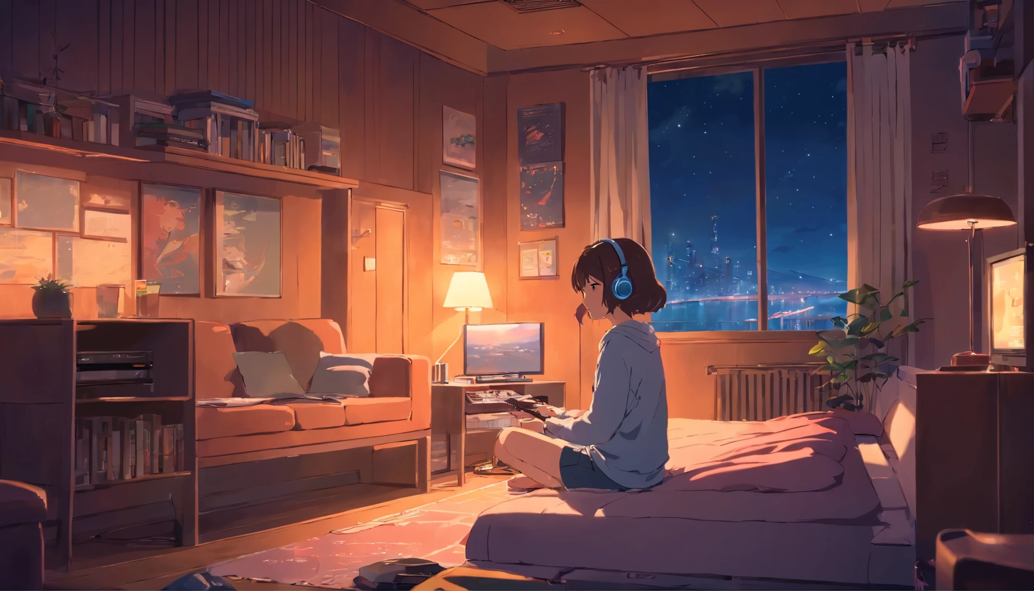 Girl listening to music in a cozy room at night, Usando fones de ouvido, Anime estilo 2D, Lo-fi, hd