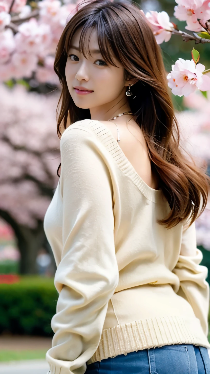 Flawless解剖学,Image of a beautiful girl who came to see cherry blossoms in full bloom,nice earrings and necklace,hip up photo ,She wears a long-sleeved blouse, a cardigan, and a long plaid skirt.,Standing under a cherry tree and looking back with my hands in front of me,realistic,Flawless,best image quality,professional angle of view,excellent details,ultra high resolution,realistic:1.4),high detail,focus on details,High concentration of 1girls,long hair of beautiful chestnut color,,Beautiful face with a delicate and high nose,Long limbs and slim waist like a model,White sneakers look great on your beautiful ankles,white skin is dazzling,