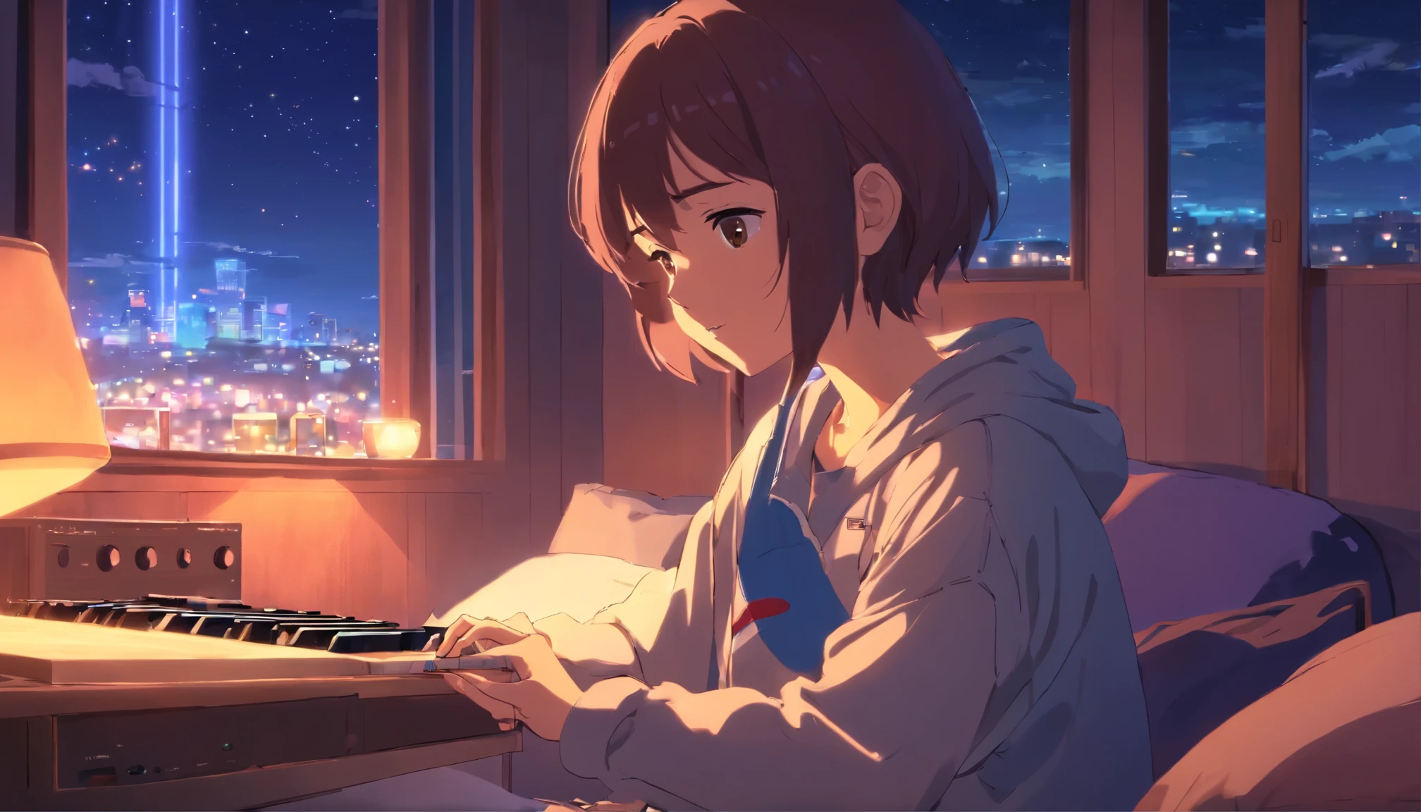 Girl listening to music in a cozy room at night, Usando fones de ouvido, Anime estilo 2D, Lo-fi, hd