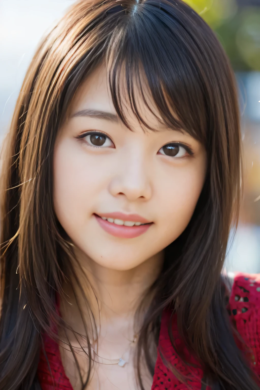 (8k、RAW photo、highest qualthaty、masterpiece:1.2)、(realistic、Photoreal:1.37)、Super detailed、超A high resolution、1 girl、see the beholder、beautiful and detailed face、laughter、narrow、(slim waist) :1.3)、Fine and beautiful skin、skin texture、floating hair、professional lighting、as a whole human body、long hair、blonde、high school girl、school zone、winter、snow scene、that'It's snowing、that'It's snowing、red ribbon hair、smile、Young Smile、no makeup