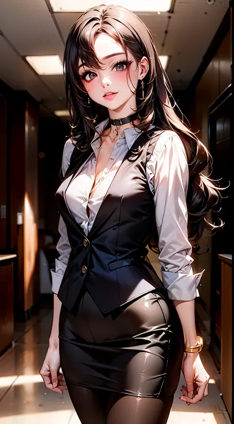 ((long hair, black hair, curly hair inside)), beautiful, beautiful woman, perfect body, perfect breasts, (navy blue suit vest:1....