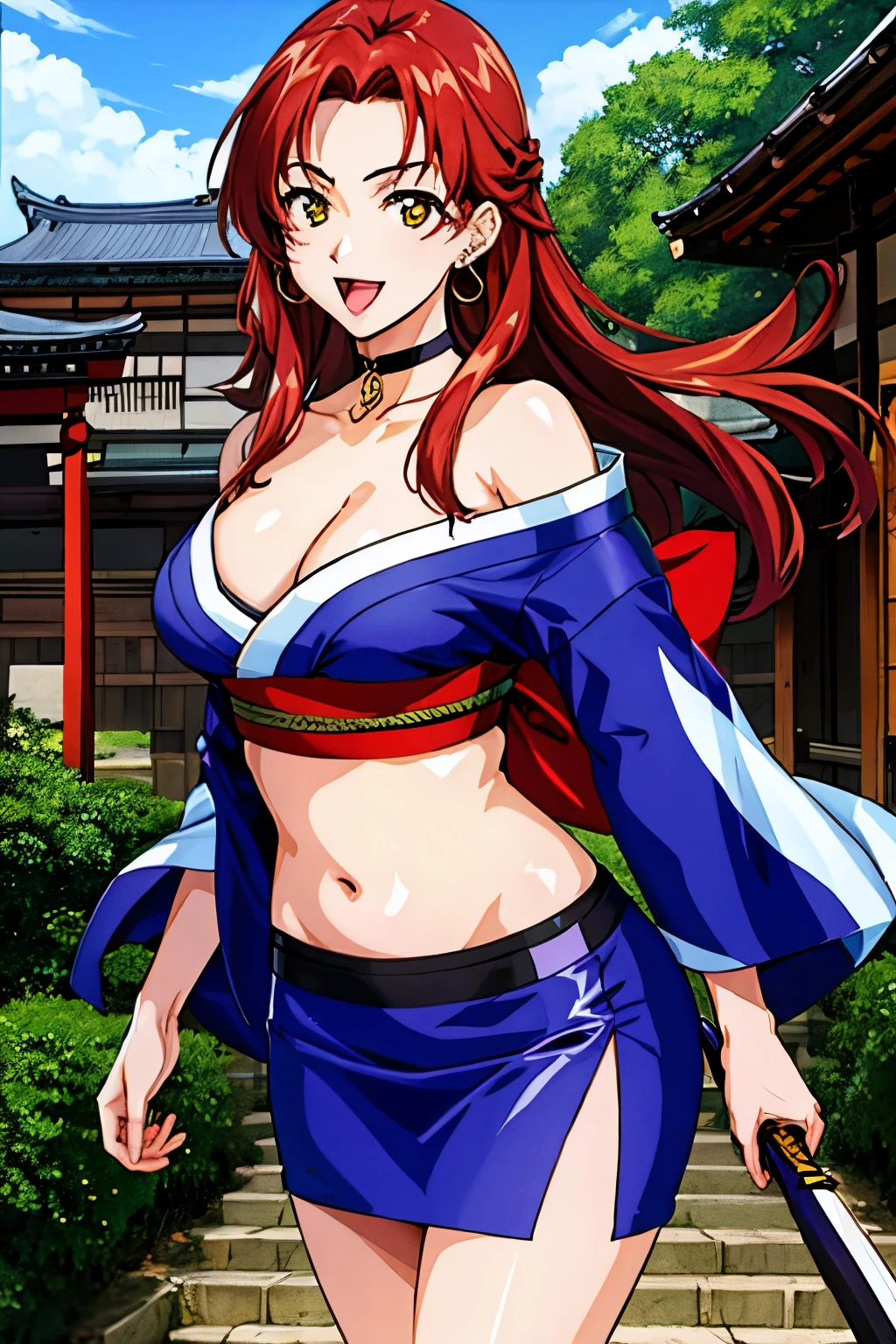 1990s,(style), (cel anime:1.1), official art, perfect lighting,Colorful,,perfect anatomy,black long hair, red hair, yellow eyes, hidero horibe, choker, jewelry, earrings, (shiny skin), large breasts, forehead, masterpiece, best quality, highly detailed, a anime girls in kimono dress with a sword posing for a
picture, bare shoulder,open kimono, evil smile, open mouth, crop top , (nsfw) not safe for work, smile,
ecchi anime style, anime girls, ecchi style, ecchi, digital anime art!!, in anime style, official artwork, visual
novel cg, beautiful anime girl, anime style 4 k, kimono pencil skirt, exposed belly, exposed navel,
exposed midriff, exposed lower belly, outdoor, japanese architecture, temple