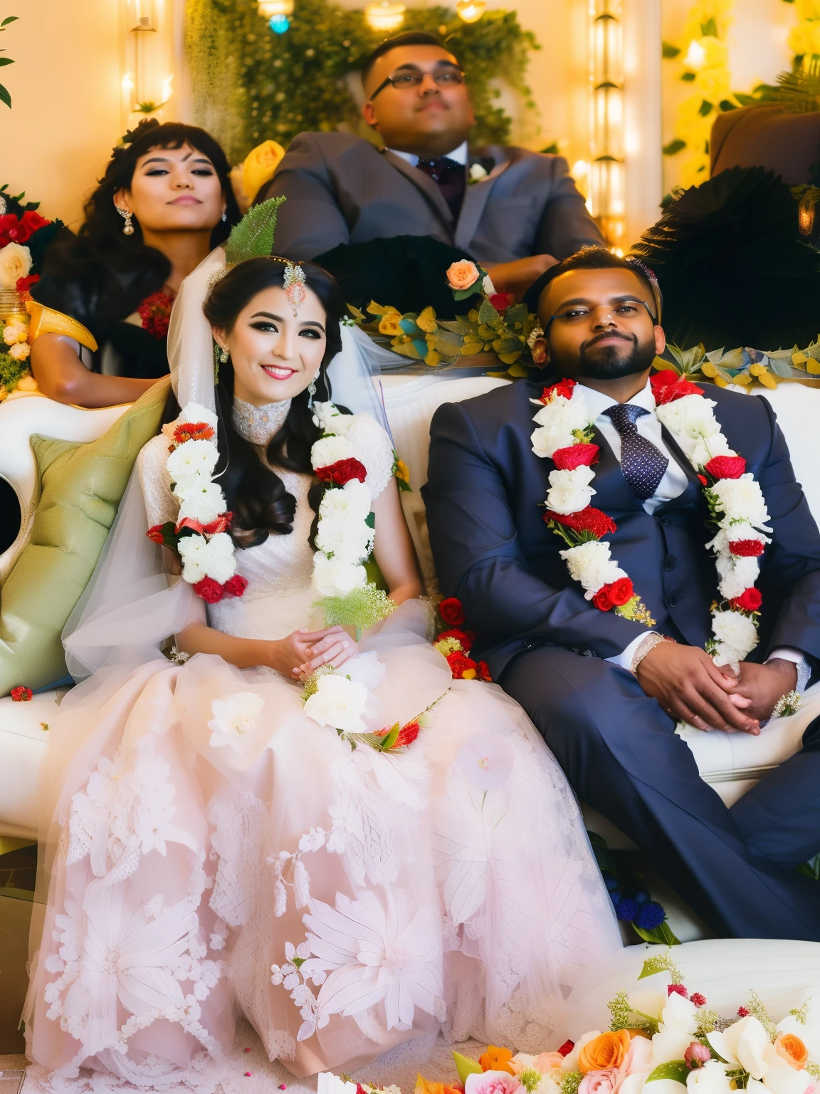 bride and groom sitting on a couch with flower garlands around them, lovely couple, wedding photo, photo taken with nikon d750, photo taken with nikon d 7 5 0, * colour splash *, wedding photography, bride and groom, candid photography, couple, happy couple, exclusive, thought provoking, candid picture, well edited, wedding, profile picture