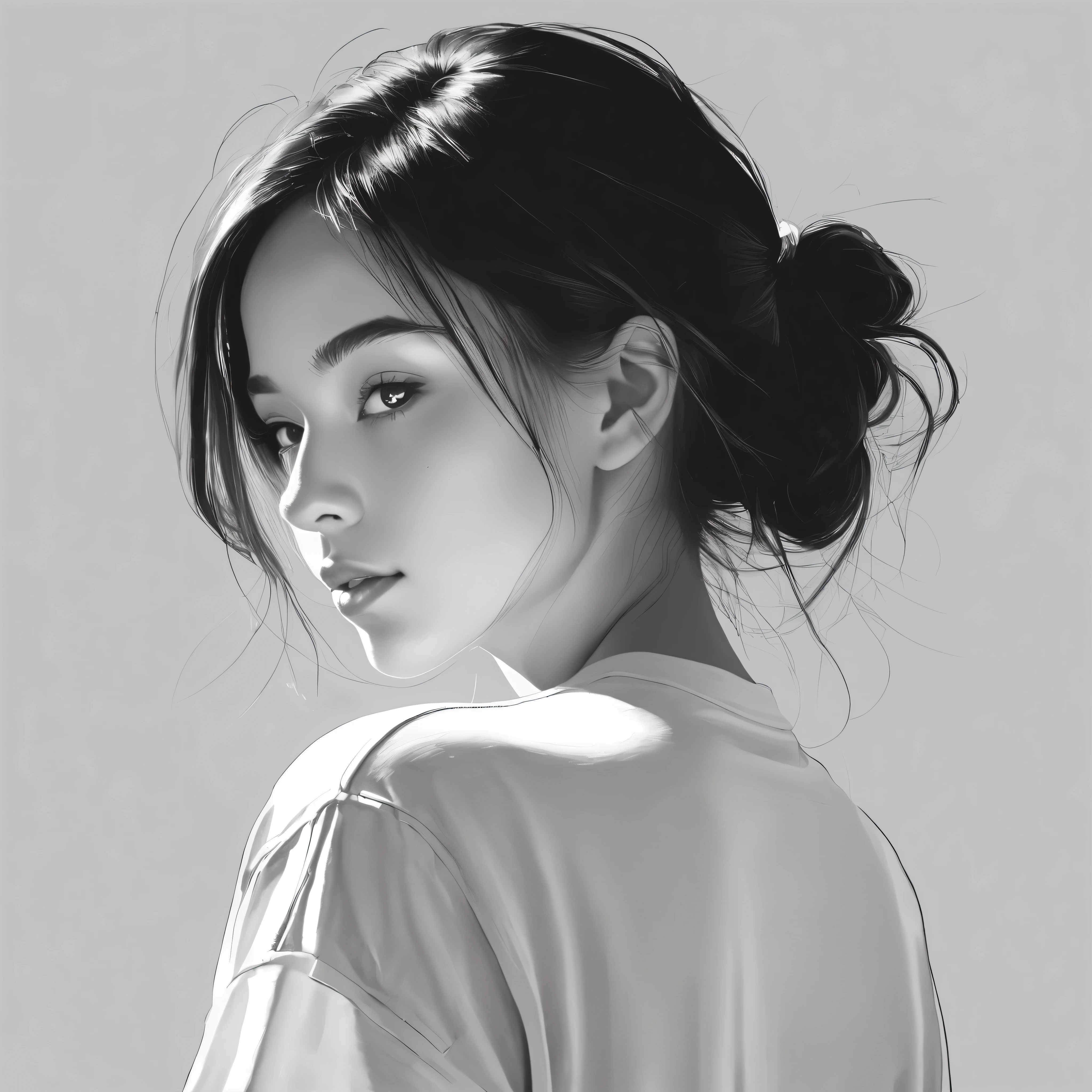 Minimalism,portrait,(Black and white sketch painting),flat illustration,pencil drawing,simple composition,1 girl,20 year old girl, There is light on the face, t-shirt