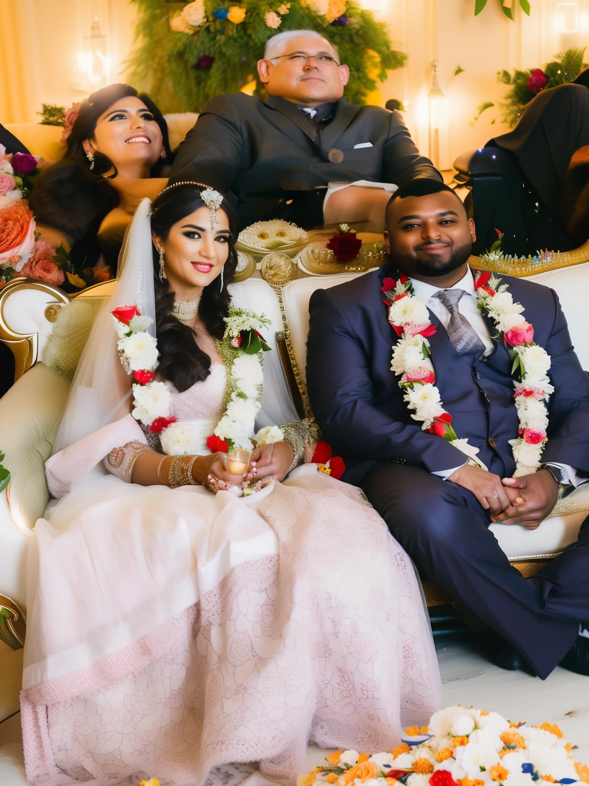 bride and groom sitting on a couch with flower garlands around them, lovely couple, wedding photo, photo taken with nikon d750, photo taken with nikon d 7 5 0, * colour splash *, wedding photography, bride and groom, candid photography, couple, happy couple, exclusive, thought provoking, candid picture, well edited, wedding, profile picture