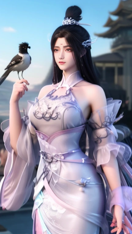 Best quality, 16K, a close up of a woman in a dress with a bird in the background, xianxia fantasy, ((a beautiful fantasy empress)), ethereal beauty, white hanfu, ruan jia beautiful!, by Fan Qi, by Ye Xin, beautiful goddess, a beautiful fantasy empress, fantasy beautiful, jingna zhang, chinese style, beautiful maiden, xianxia