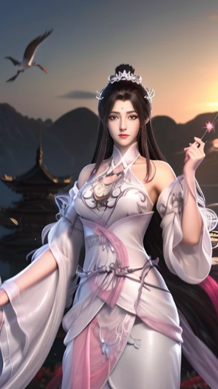 a close up of a woman in a dress with a bird in the background, xianxia fantasy, ((a beautiful fantasy empress)), ethereal beauty, white hanfu, ruan jia beautiful!, by Fan Qi, by Ye Xin, beautiful goddess, a beautiful fantasy empress, fantasy beautiful, jingna zhang, chinese style, beautiful maiden, xianxia