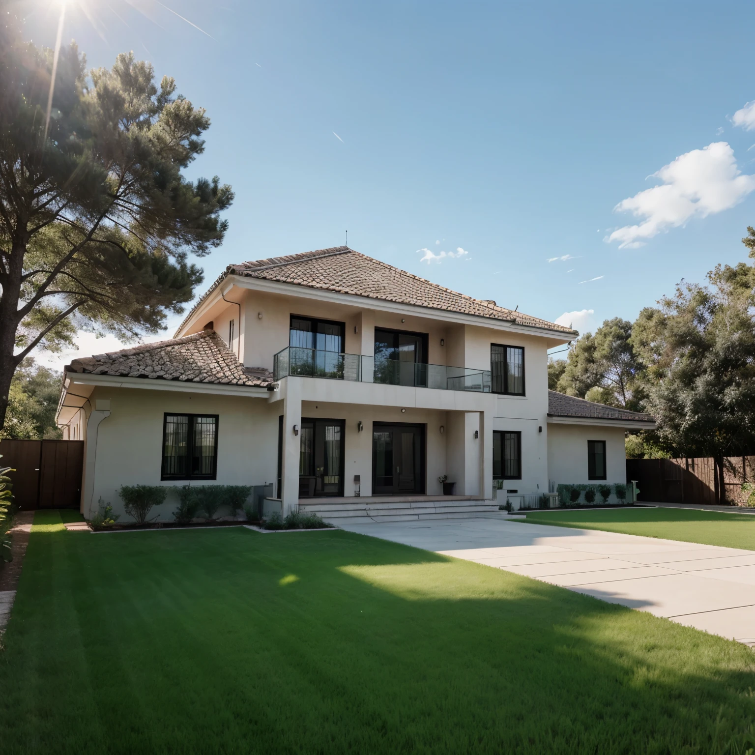 ultra realistic beautiful two-story luxury house, ultra realistic minimalist, ultra realistic green grass, made of ultra realistic concrete, ultra realistic sunny day, ultra realistic trees and pine trees, ultra realistic big windows, ultra realistic glass doors, ultra realistic