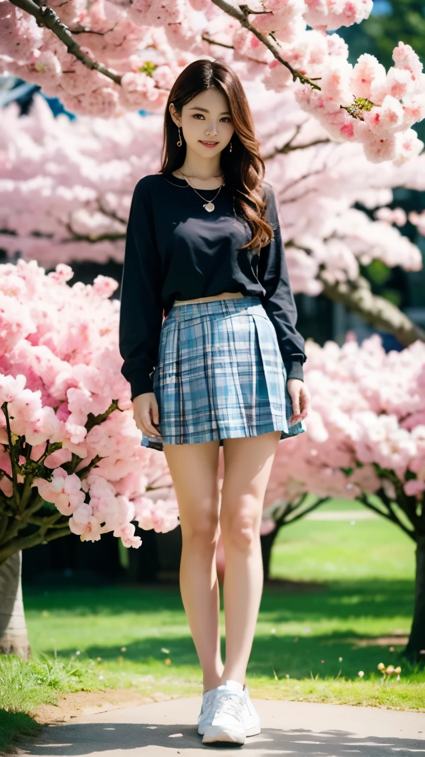 ((perfect anatomy)),Image of a beautiful girl who came to see cherry blossoms in full bloom,nice earrings and necklace,Aerial photos ,She wears a long-sleeved blouse with a white collar, a light blue hoodie, and a long plaid tulip skirt.,((Full body photo of standing with knees together under a cherry tree)),Deep depth of field that blurs the background beautifully,professional angle of view,excellent details,ultra high resolution,realistic:1.4),high detail,focus on details,High concentration of 1girls,Beautiful long chestnut hair is braided,Beautiful face with a delicate and high nose,Long limbs and slim waist like a model,White sneakers look great on your beautiful ankles,white skin is dazzling,