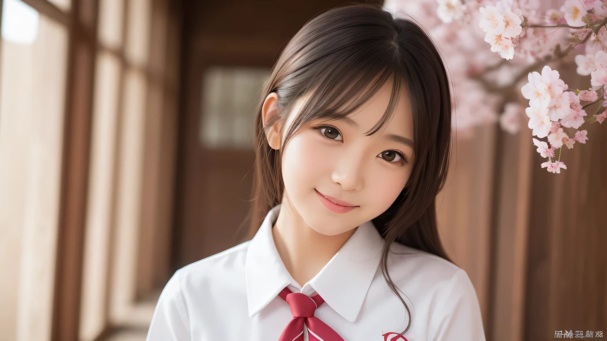 (1 girl), big round eyes, princess face, enchanting smile, (school uniform, mini skirt:1.2), (highest quality: 1.4), (Super detailed), (highest quality:1.4), (super detailed), evening, very high resolution, (Upper body), close up face, cherry blossoms, 