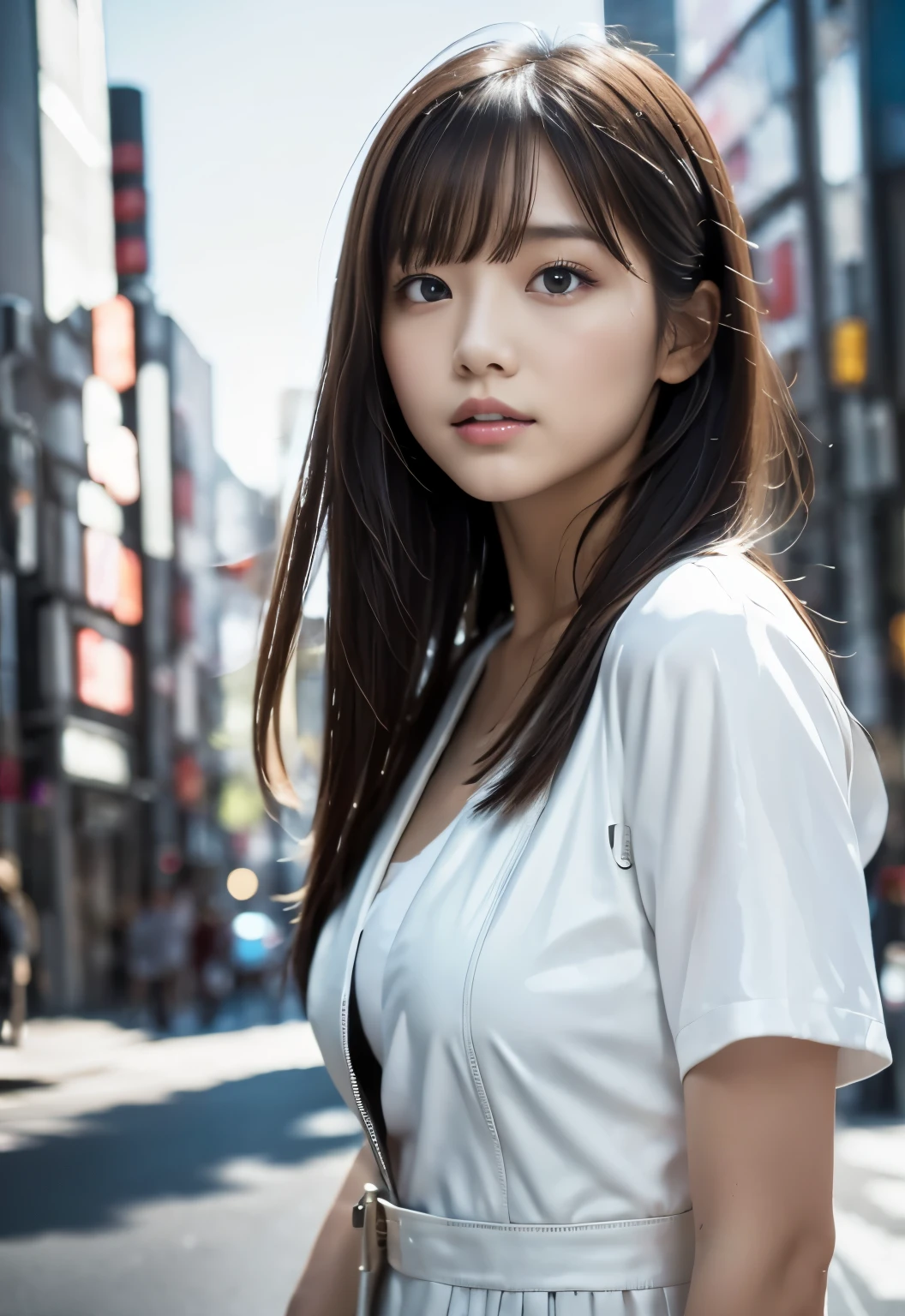 (((city:1.3, outdoors, Photographed from the front))), ((long hair:1.3, leather jacket,white dress, japanese woman, cute)), (clean, natural makeup), (highest quality, masterpiece:1.3, 超High resolution), (Super detailed, caustics), (realistic:1.4, RAW shooting), very detailed, High resolution, 16K resolution
