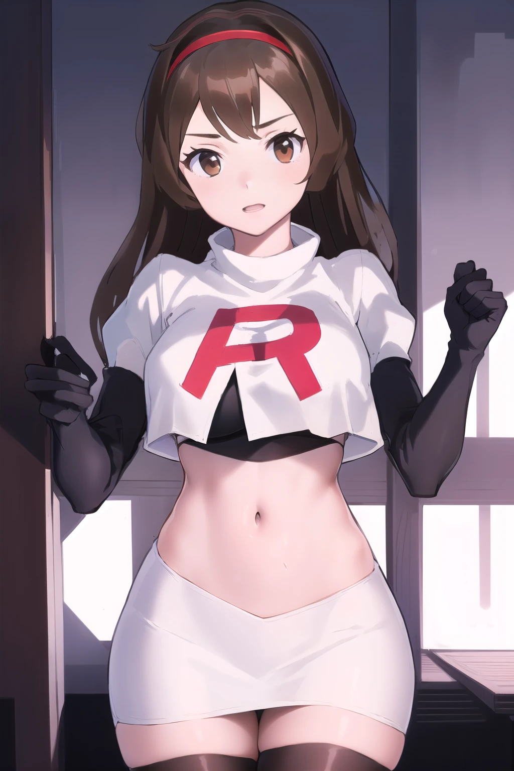 masterpiece, best quality, portrait, 1girl, long hair, brown hair, brown eyes ,team rocket,team rocket uniform, red letter R, white skirt,white crop top,black thigh-highs, black elbow gloves,